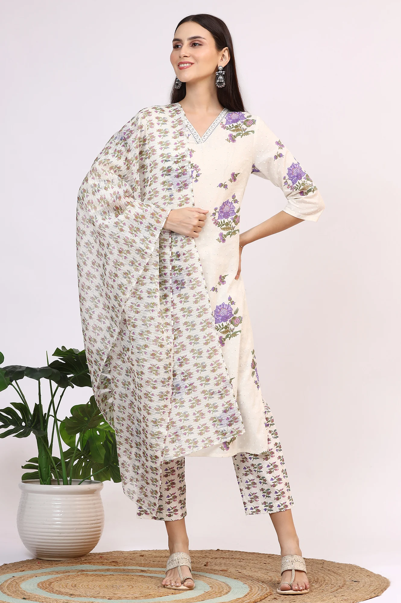 White Floral Printed Pure Cotton Straight Kurta and Pants Co-ord Set with Dupatta - Image 3