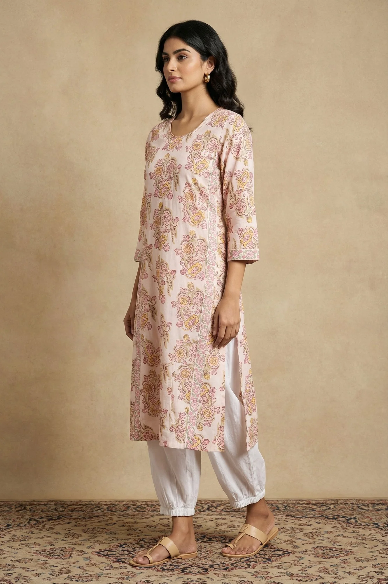 White Floral Printed Pure Cotton Straight Kurta - Image 6