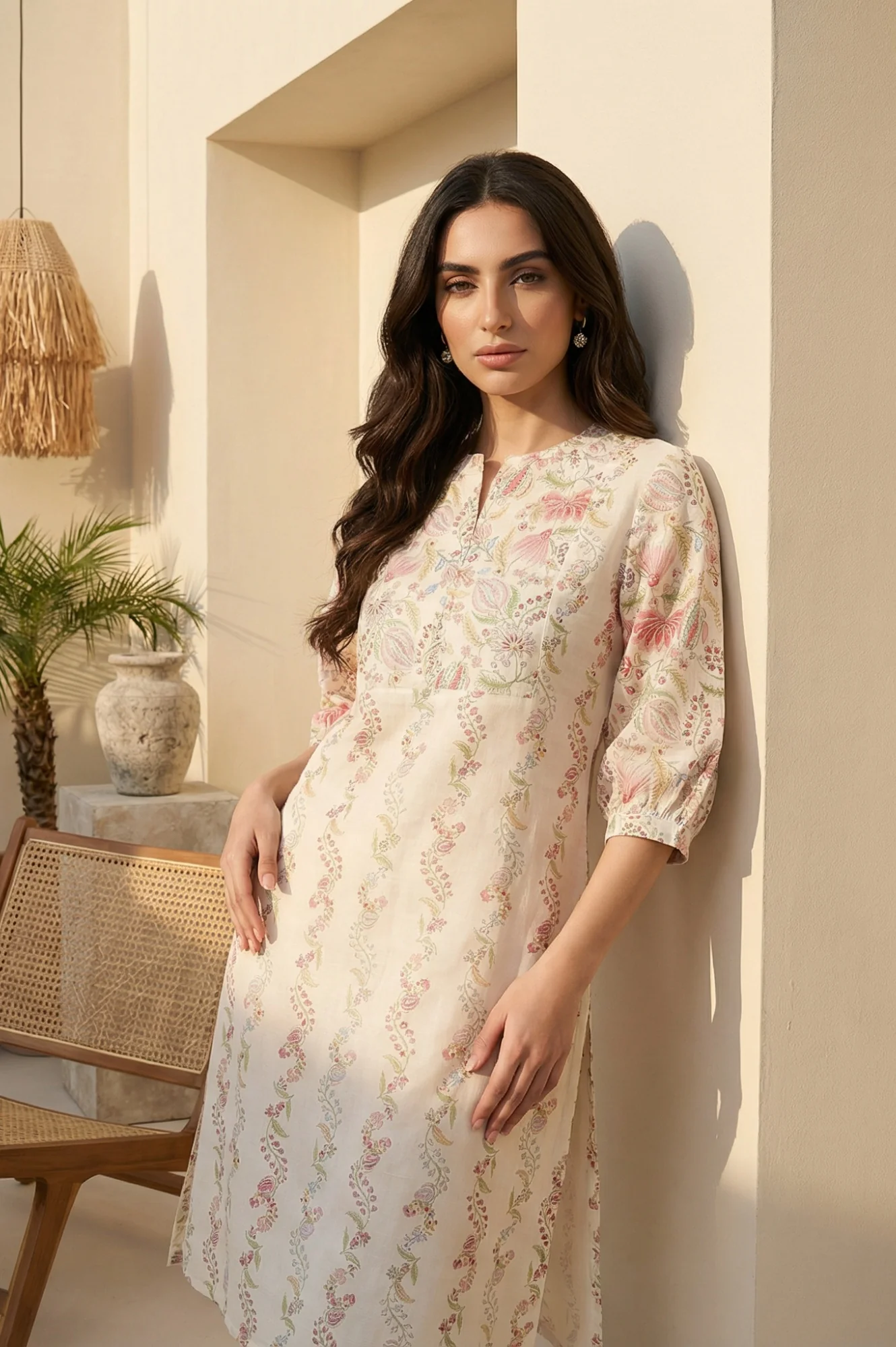 White Floral Printed Pure Cotton Straight Kurta with Sleeves - Image 2