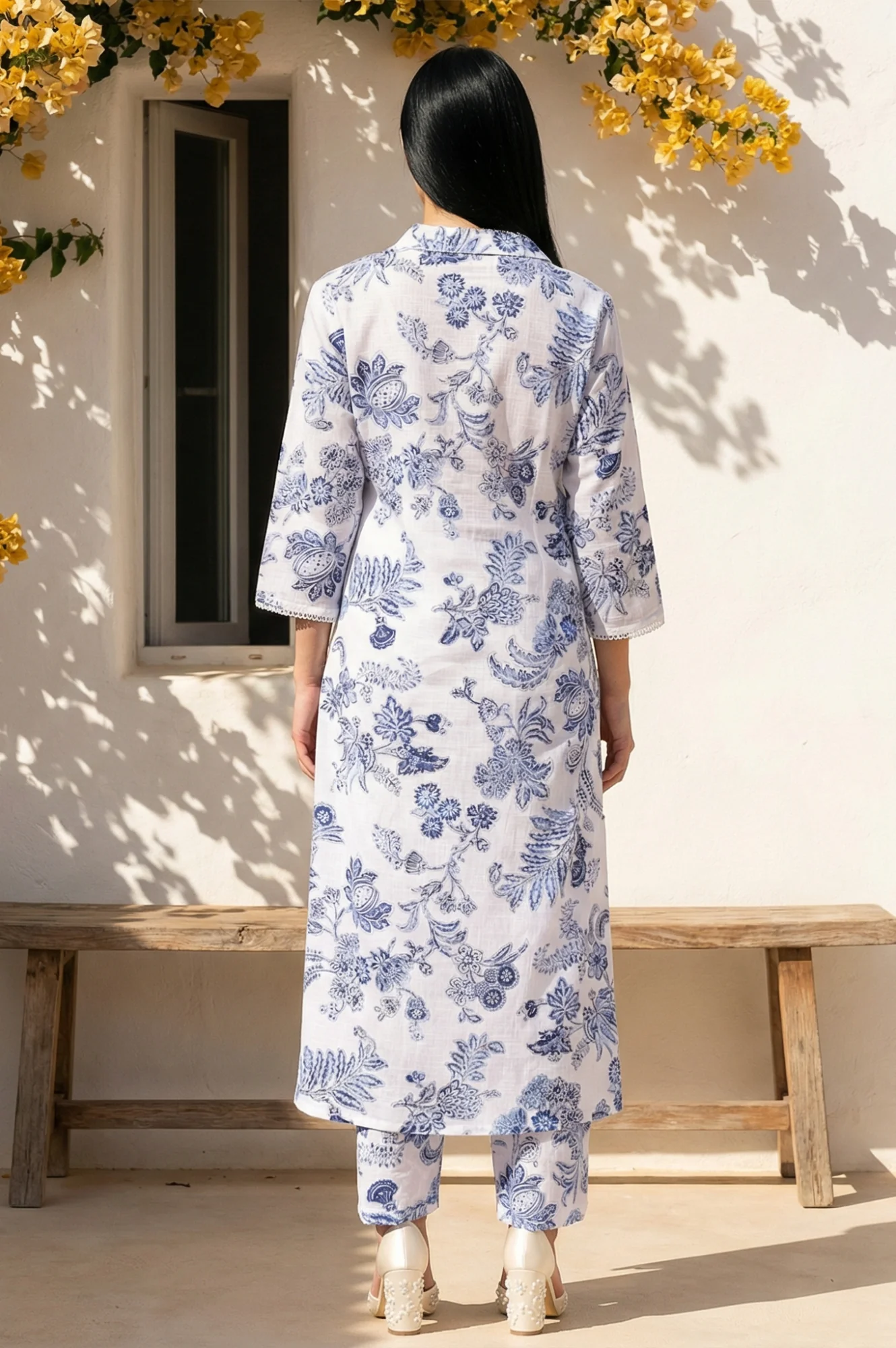 White Floral Printed Pure Cotton Straight Kurta with Straight Pant Set - Image 4