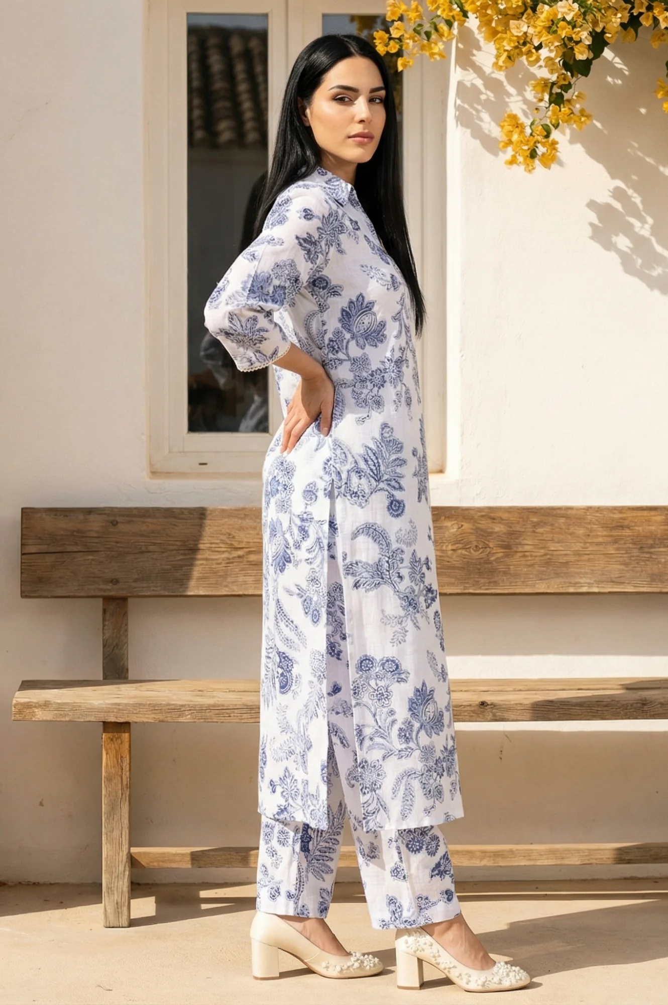 White Floral Printed Pure Cotton Straight Kurta with Straight Pant Set - Image 5