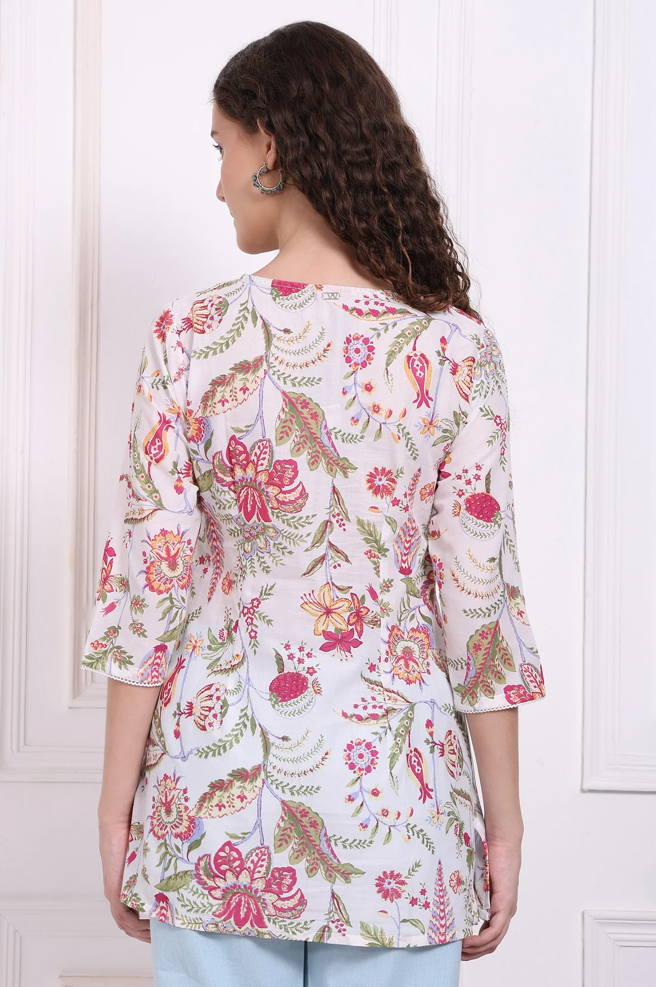 White Floral Printed Pure Cotton Top with Lace - Image 5