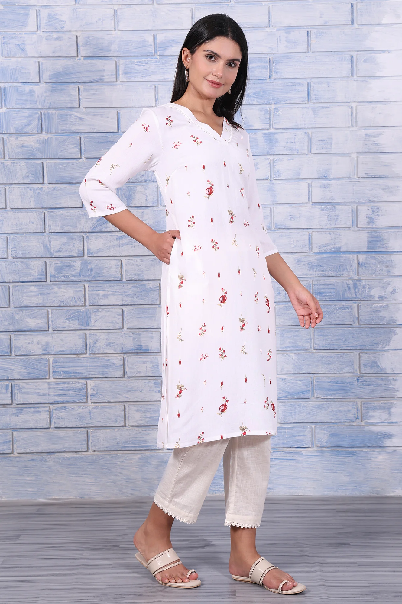 White Floral Printed Rayon Flax Straight Kurta with Lace - Image 6