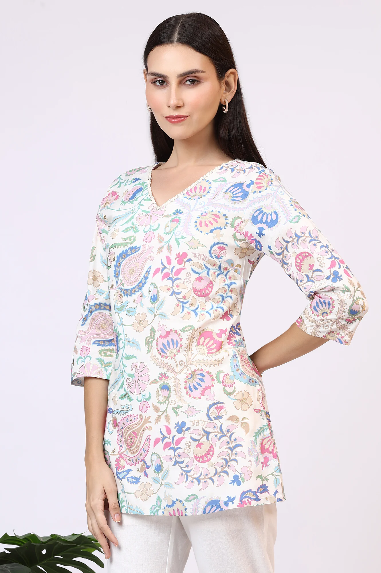 White Floral Printed Rayon Summer Tunic with Lace - Image 5