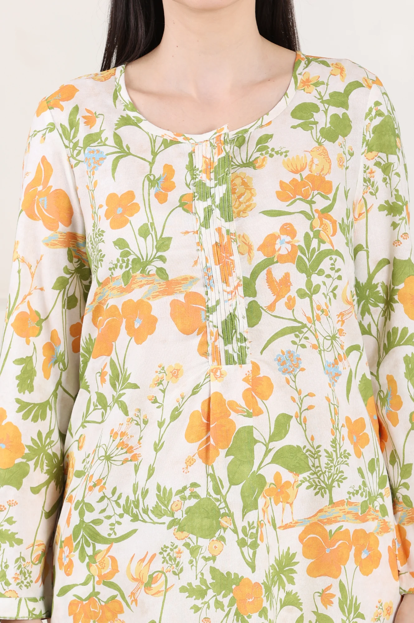 White Floral Printed Rayon Tunic With Pintuck Placket - Image 3