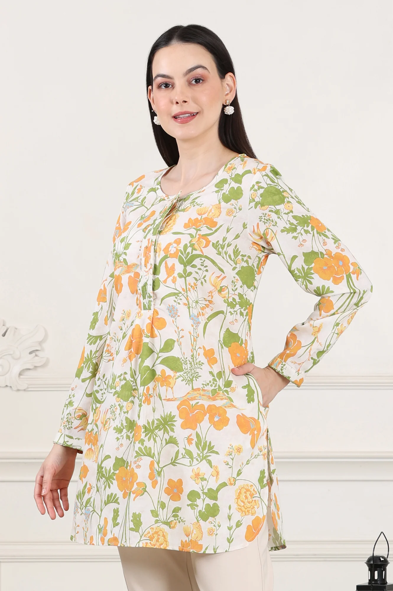 White Floral Printed Rayon Tunic With Pintuck Placket - Image 4