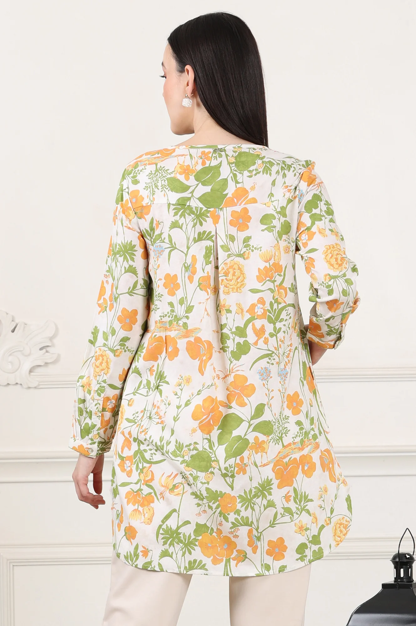 White Floral Printed Rayon Tunic With Pintuck Placket - Image 5