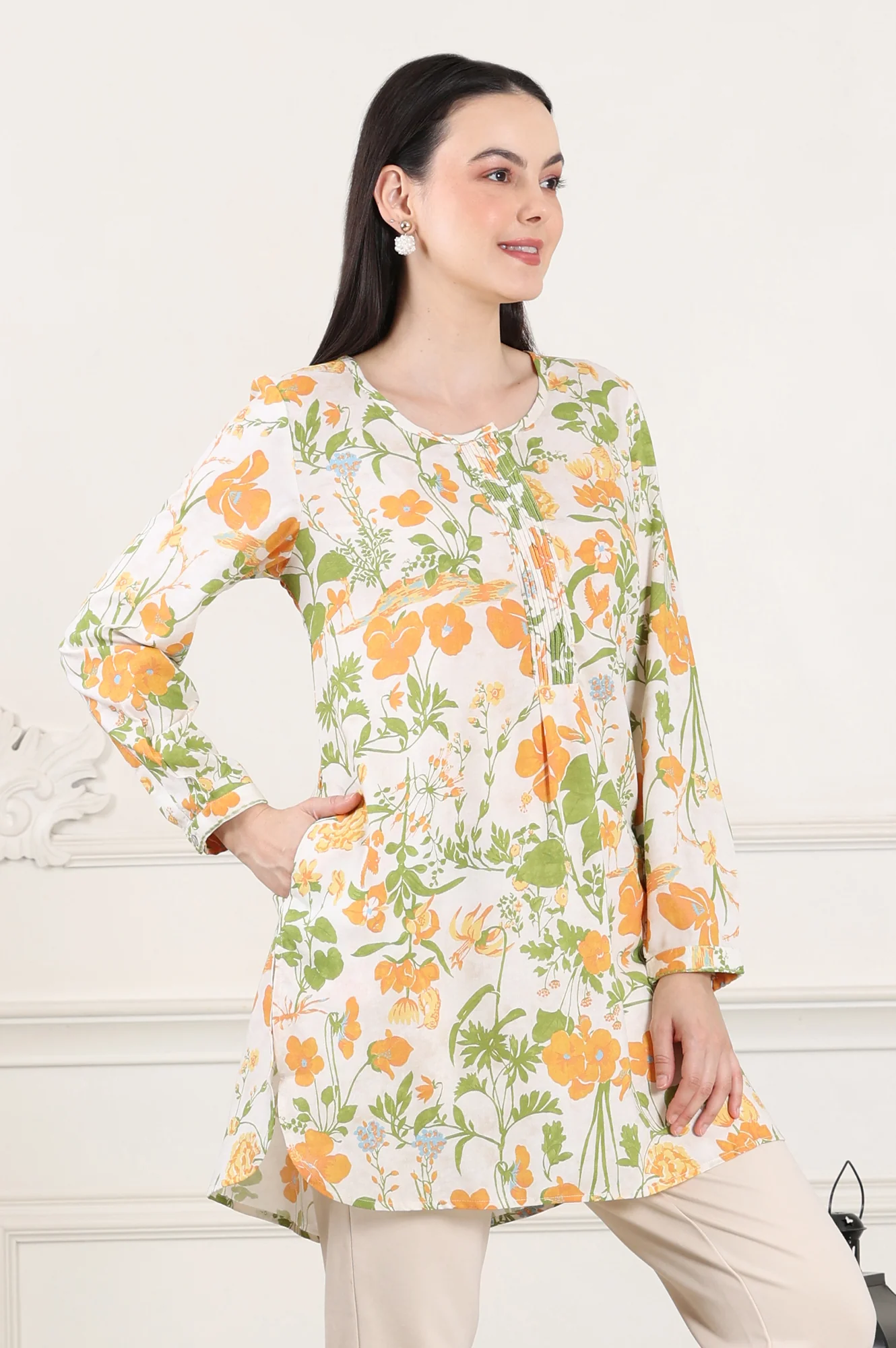 White Floral Printed Rayon Tunic With Pintuck Placket - Image 6