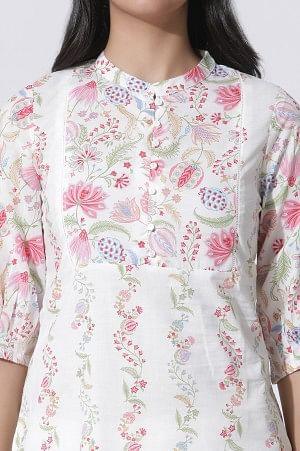 White Floral Printed Straight Cotton Kurta And Pants Set - Image 6