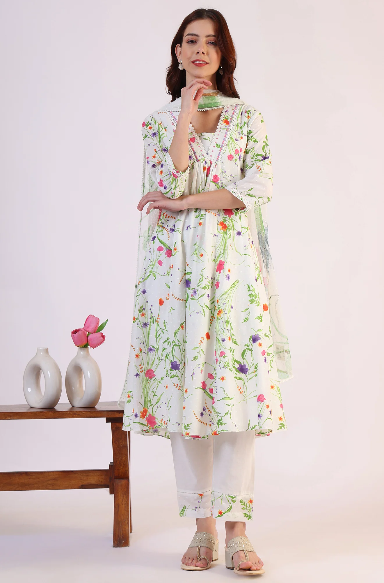 White Floral Printed Swiss Dot Textured Anarkali Kurta, Straight Pants and Dupatta Set - Image 2