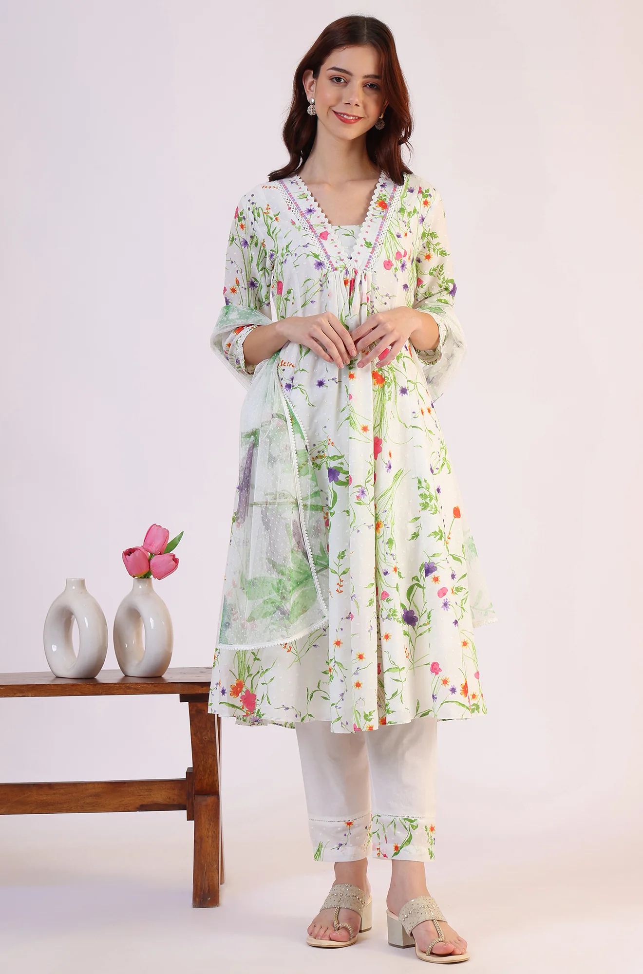 White Floral Printed Swiss Dot Textured Anarkali Kurta, Straight Pants and Dupatta Set - Image 3
