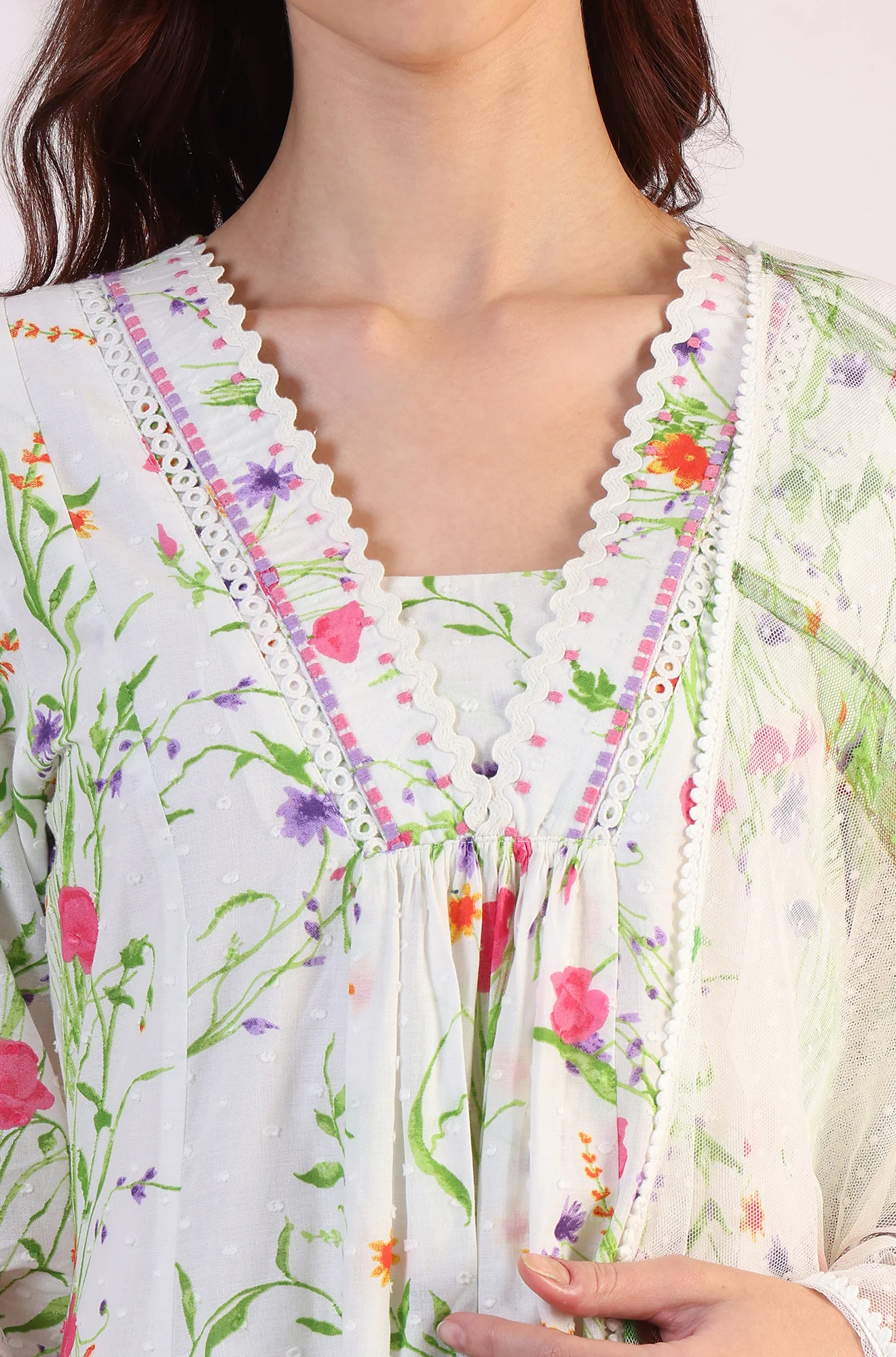 White Floral Printed Swiss Dot Textured Anarkali Kurta, Straight Pants and Dupatta Set - Image 4