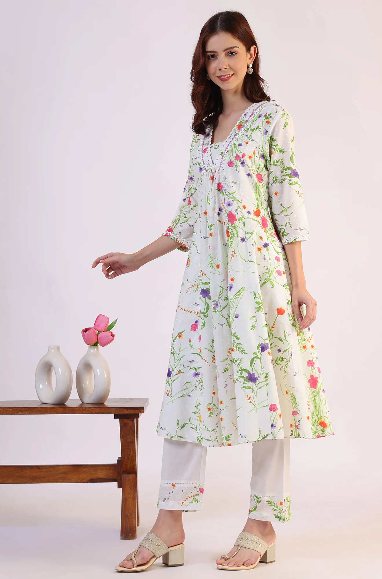 White Floral Printed Swiss Dot Textured Anarkali Kurta, Straight Pants and Dupatta Set - Image 5