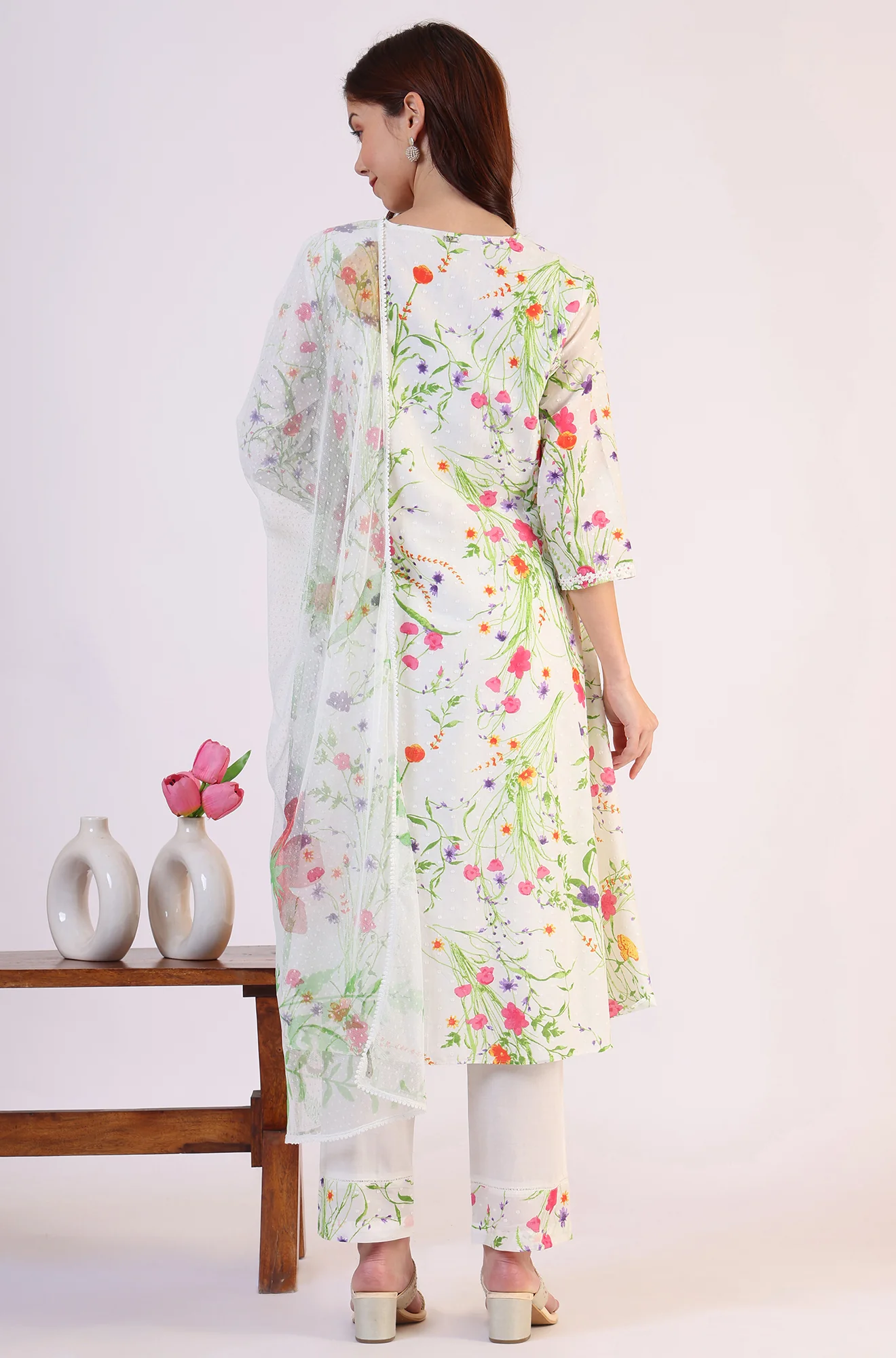 White Floral Printed Swiss Dot Textured Anarkali Kurta, Straight Pants and Dupatta Set - Image 6