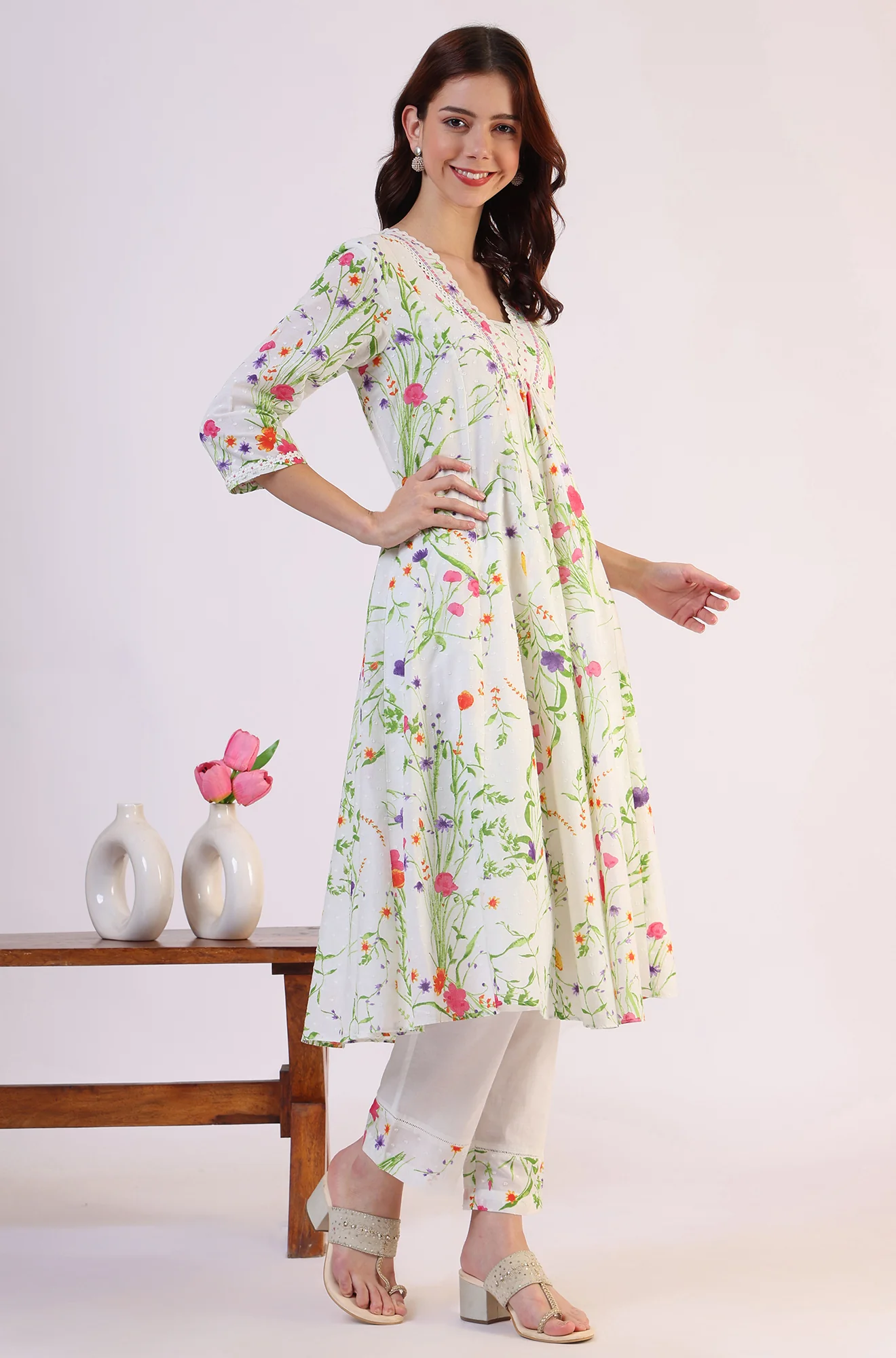 White Floral Printed Swiss Dot Textured Anarkali Kurta, Straight Pants and Dupatta Set - Image 7