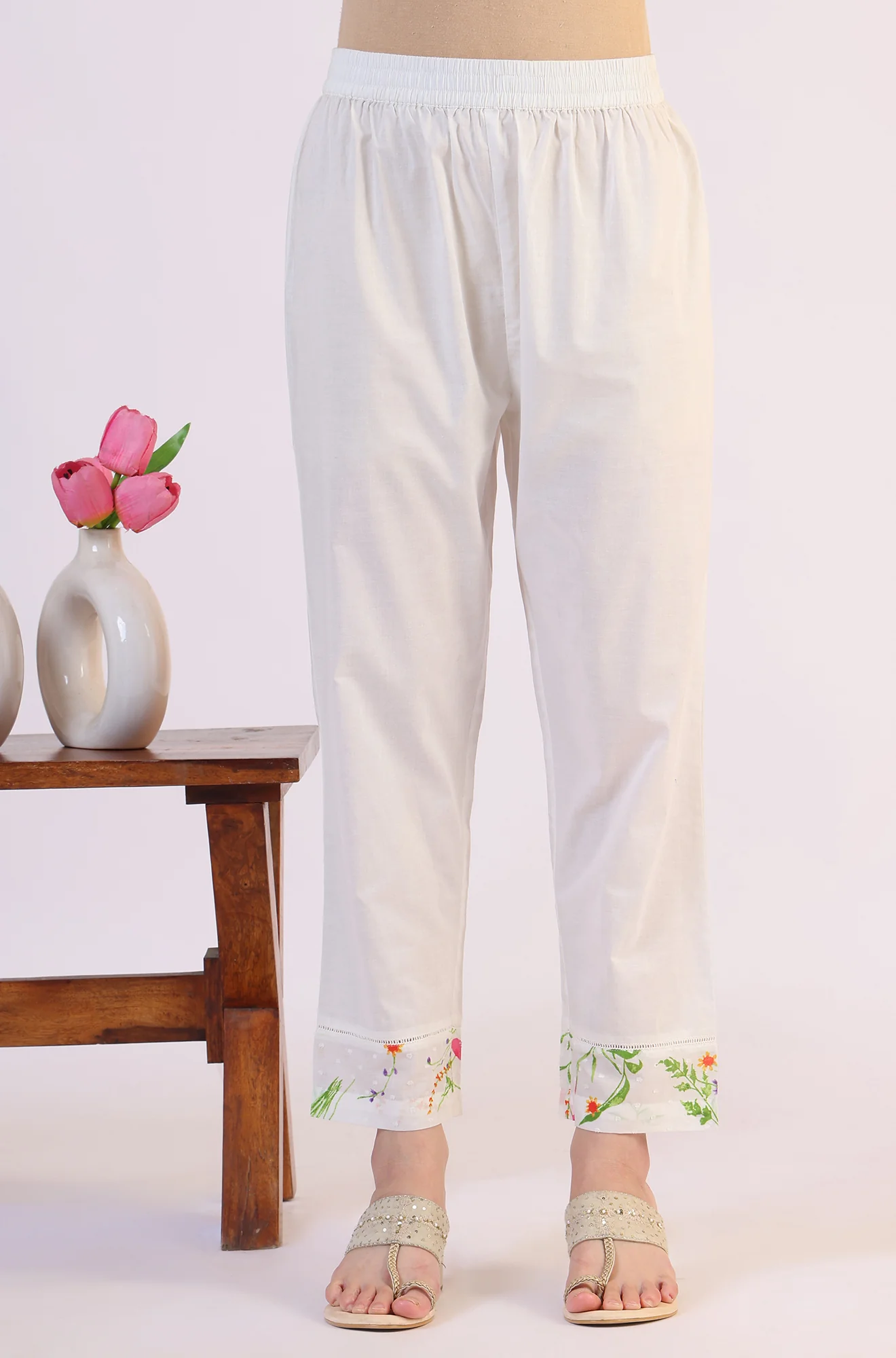White Floral Printed Swiss Dot Textured Anarkali Kurta, Straight Pants and Dupatta Set - Image 9