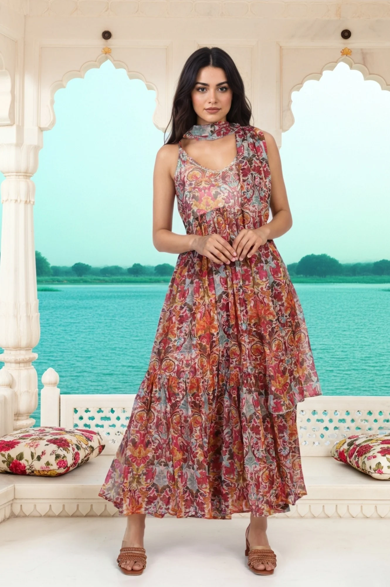 White Floral Printed Tape Detail Flared Chiffon Kurta with Pant and Dupatta Set - Image 2