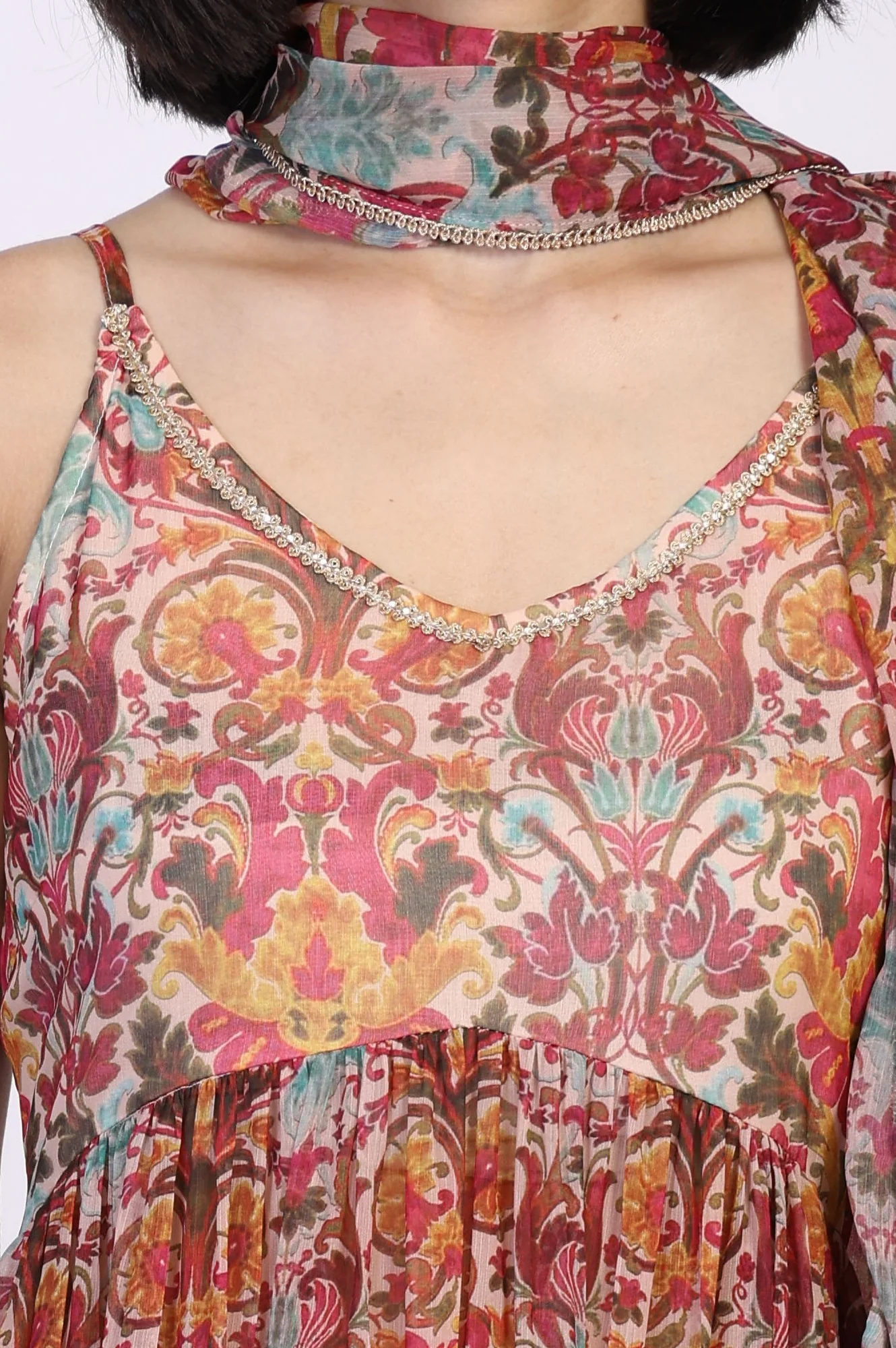 White Floral Printed Tape Detail Flared Chiffon Kurta with Pant and Dupatta Set - Image 3