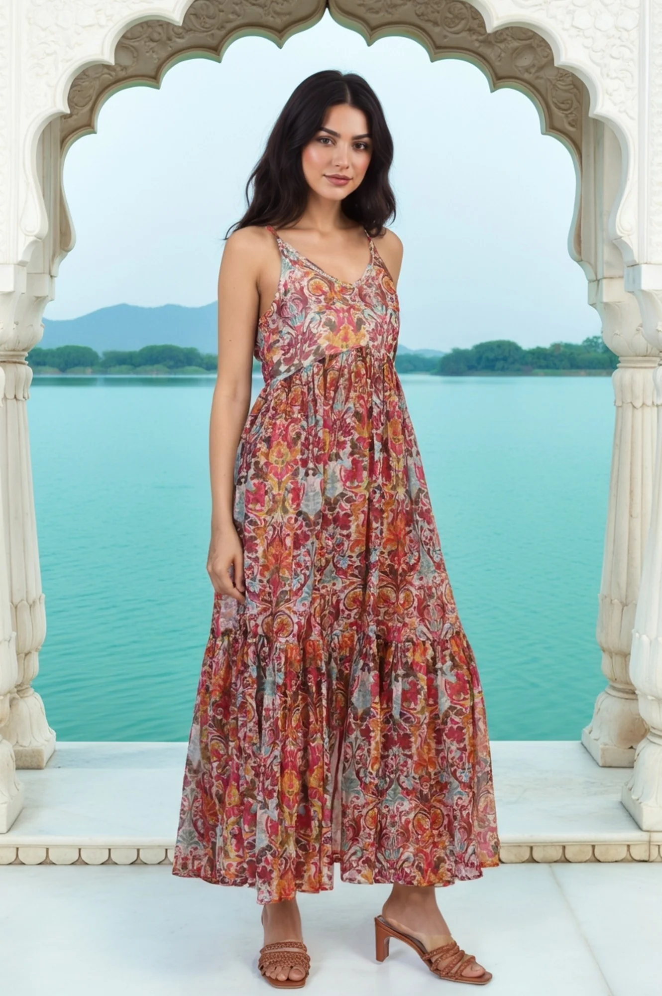 White Floral Printed Tape Detail Flared Chiffon Kurta with Pant and Dupatta Set - Image 4