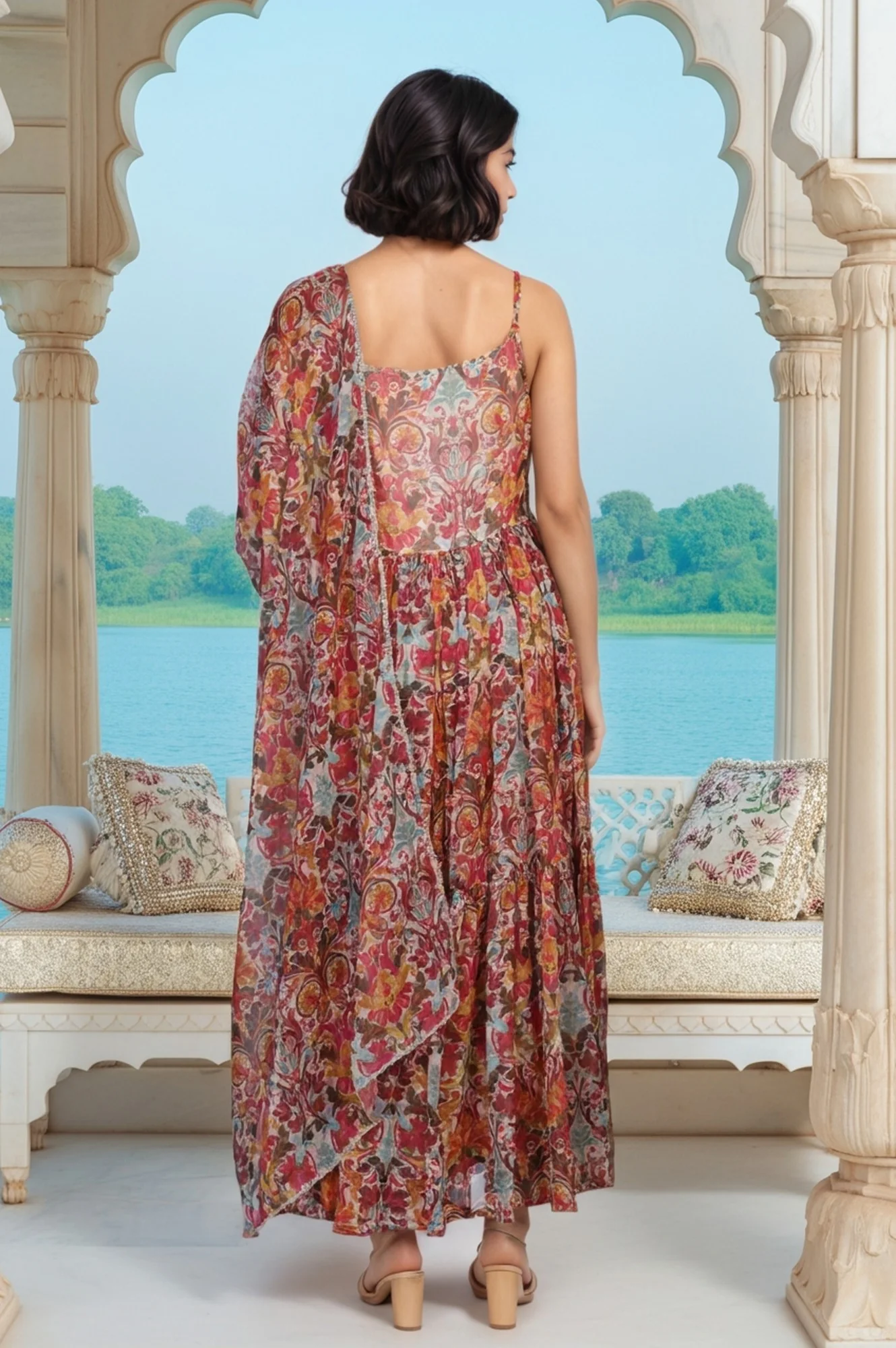 White Floral Printed Tape Detail Flared Chiffon Kurta with Pant and Dupatta Set - Image 5