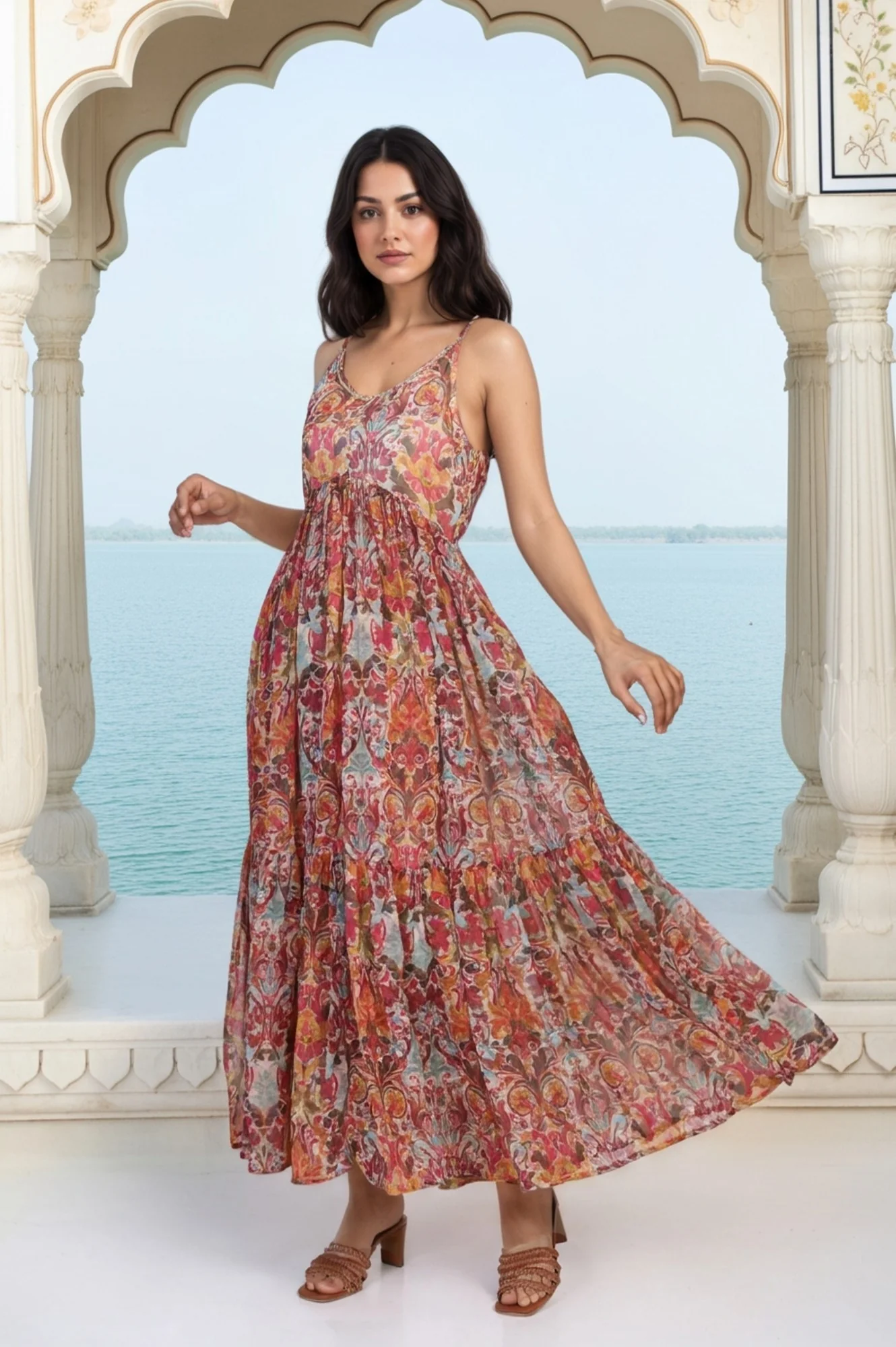 White Floral Printed Tape Detail Flared Chiffon Kurta with Pant and Dupatta Set - Image 6