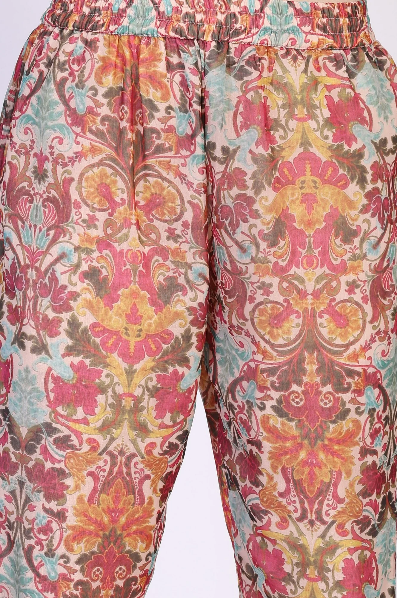 White Floral Printed Tape Detail Flared Chiffon Kurta with Pant and Dupatta Set - Image 7