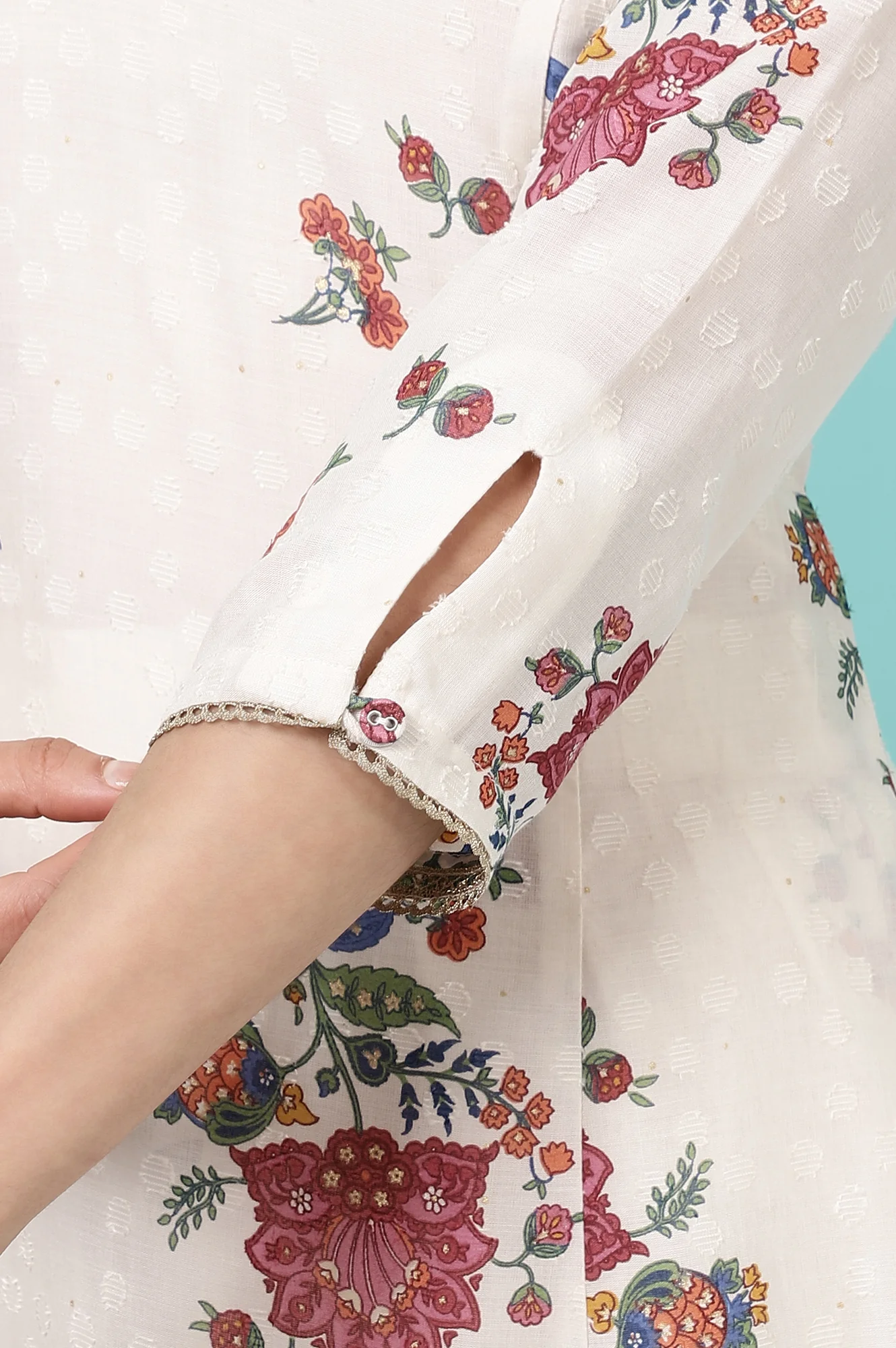 White Floral Printed Textured Dobby A-line Kurta and Pants Co-ord Set - Image 8