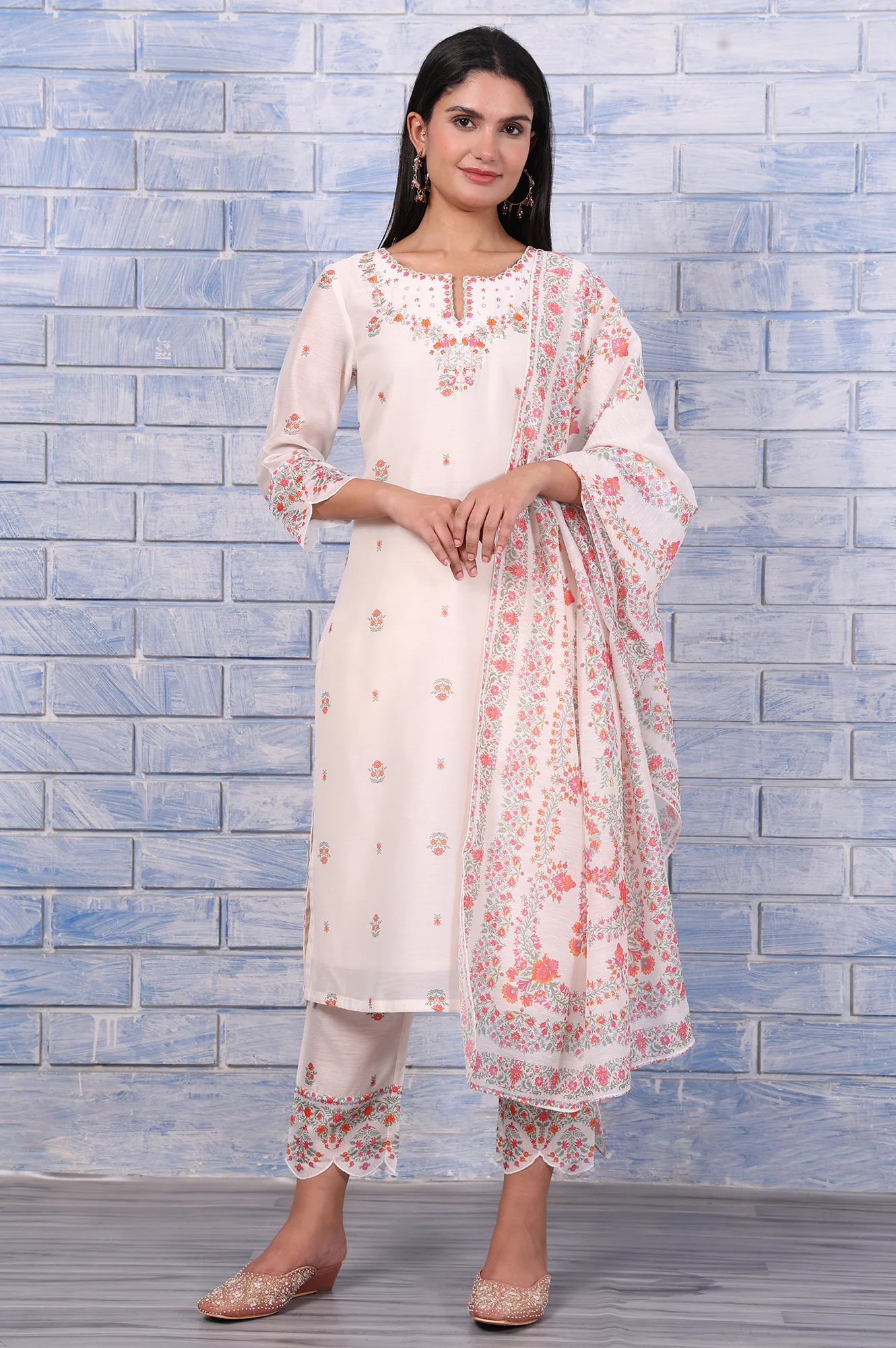White Floral Printed Thread Embroidered Chanderi A-Line Kurta, Straight Pant And Dupatta Set - Image 2