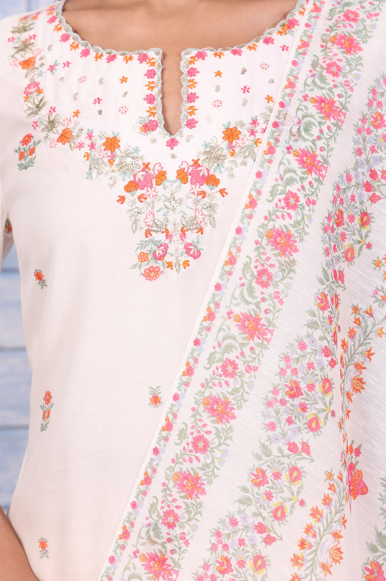 White Floral Printed Thread Embroidered Chanderi A-Line Kurta, Straight Pant And Dupatta Set - Image 3