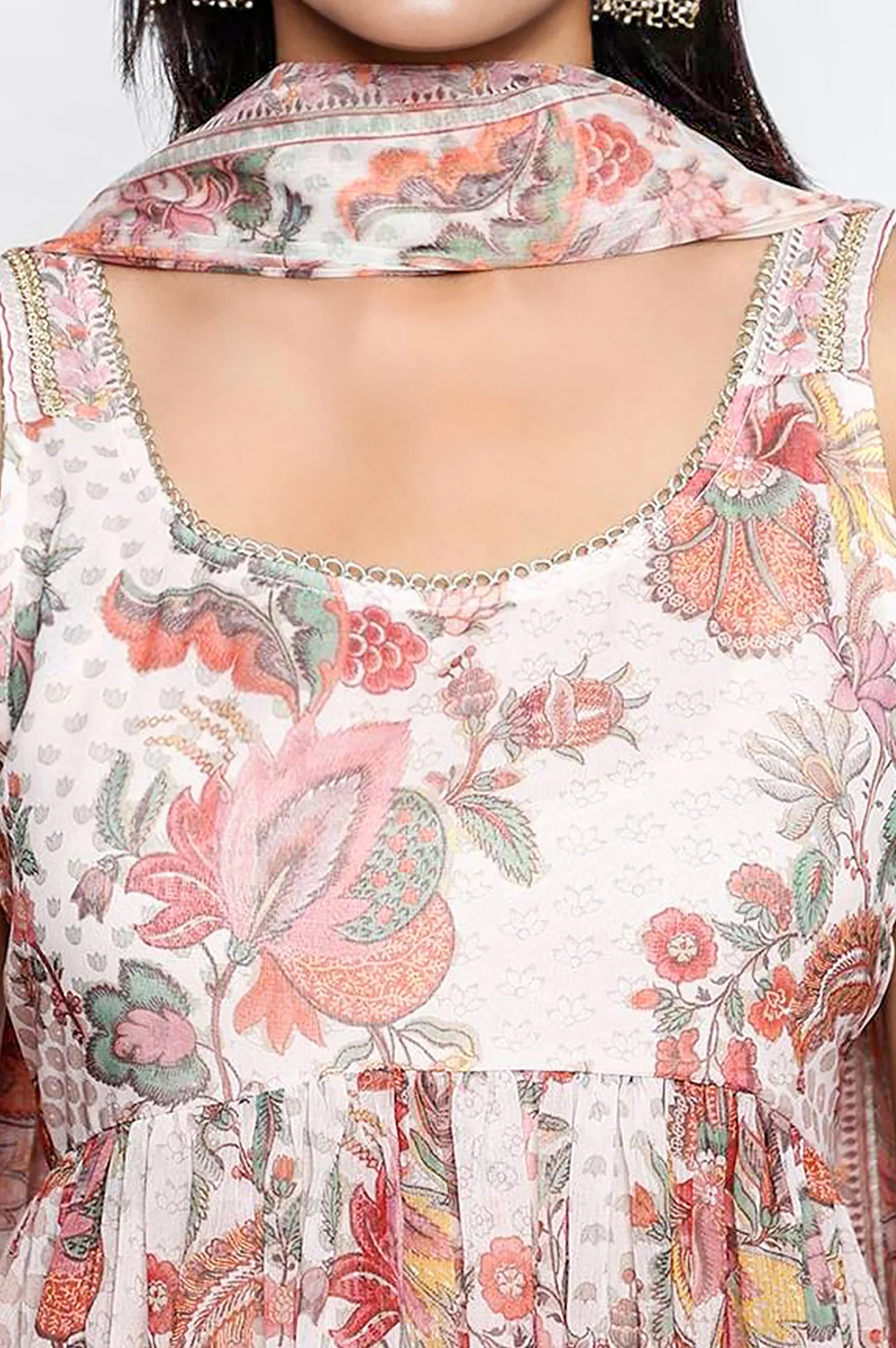White Floral Printed Thread Work Flared Chiffon Kurta with Palazzo and Dupatta Set - Image 2