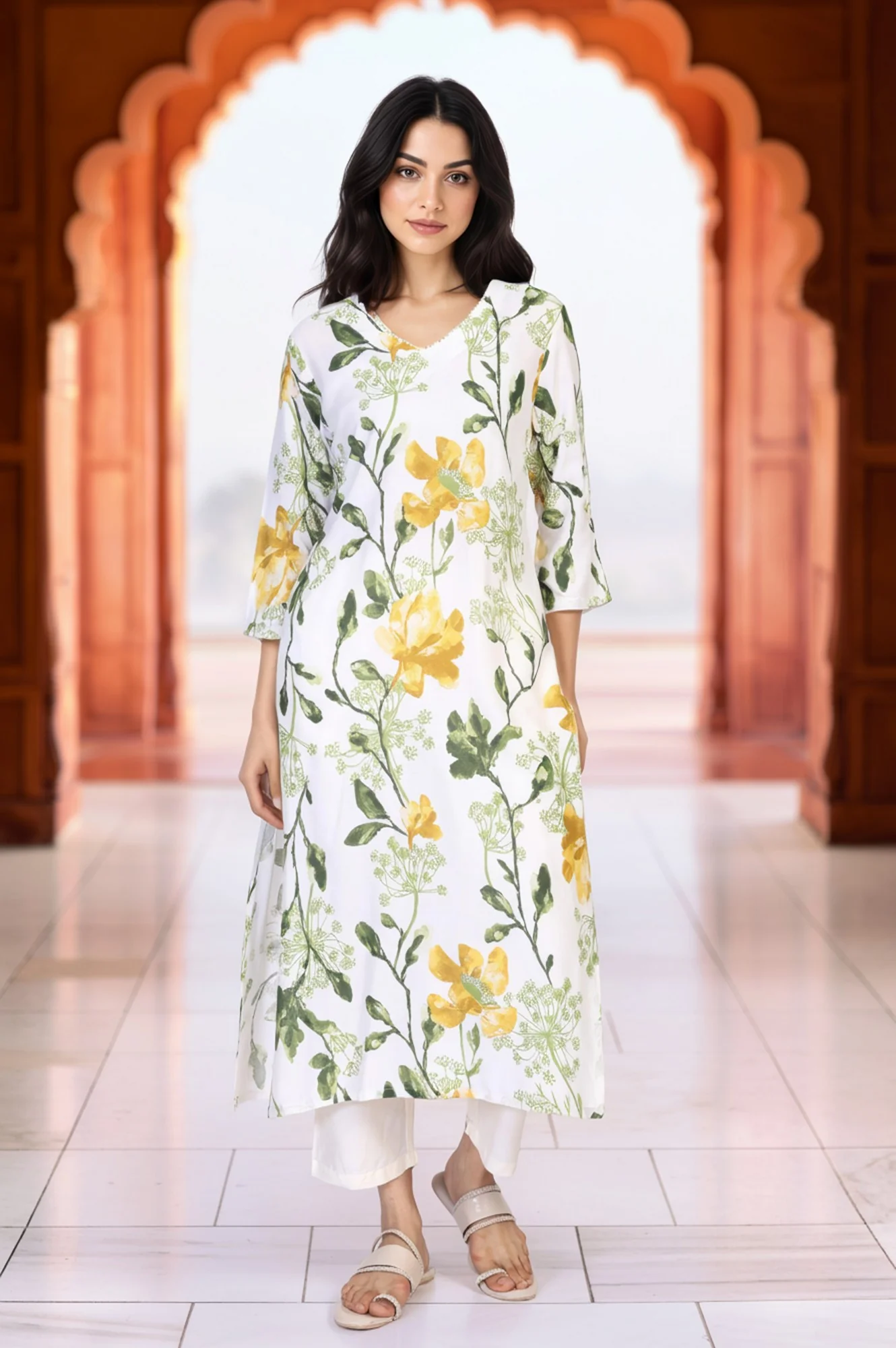 White Floral Printed Thread Work Straight Rayon Kurta - Image 2