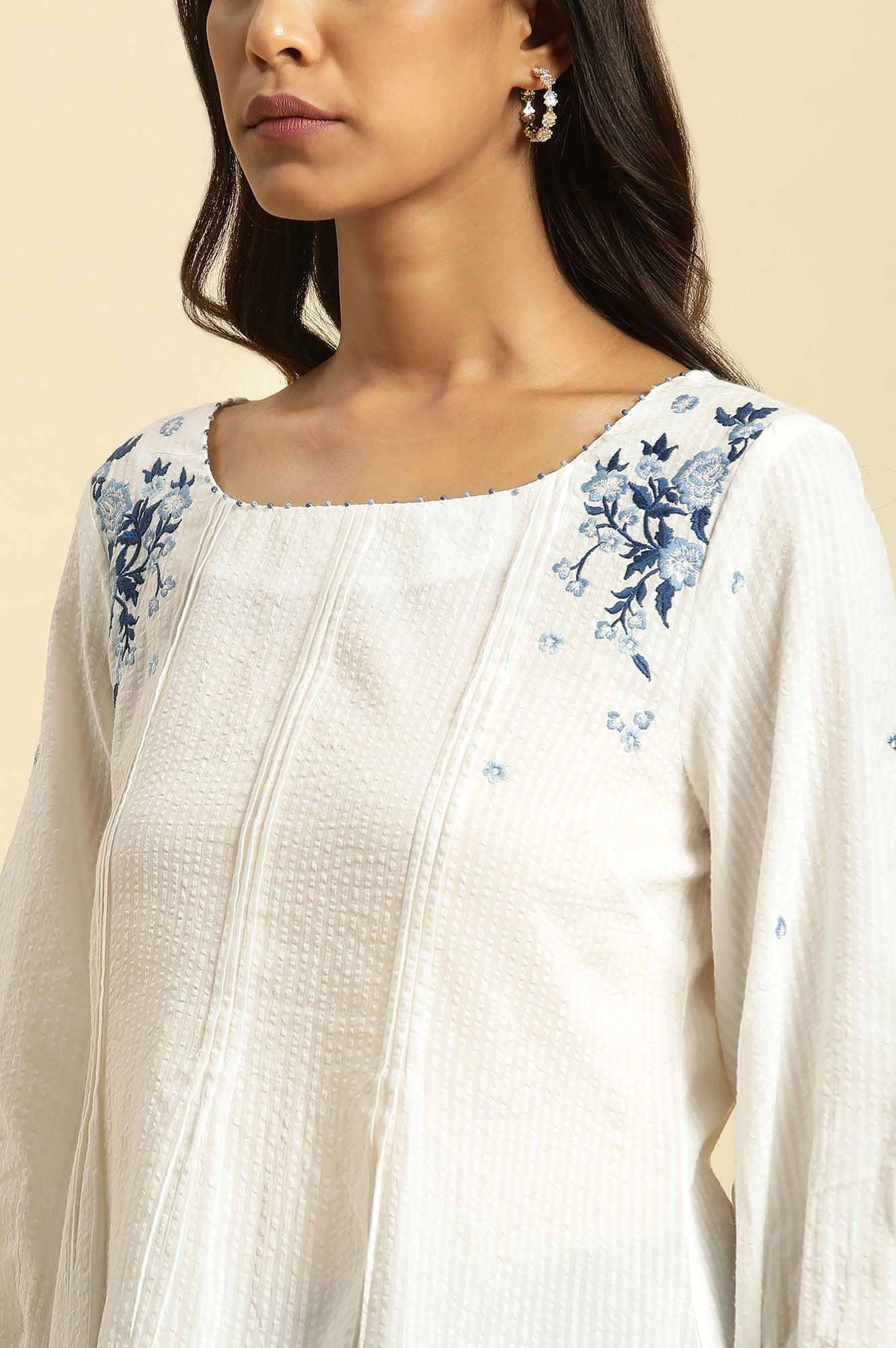 White Front Pleated Cotton Top with Embroidery - Image 6