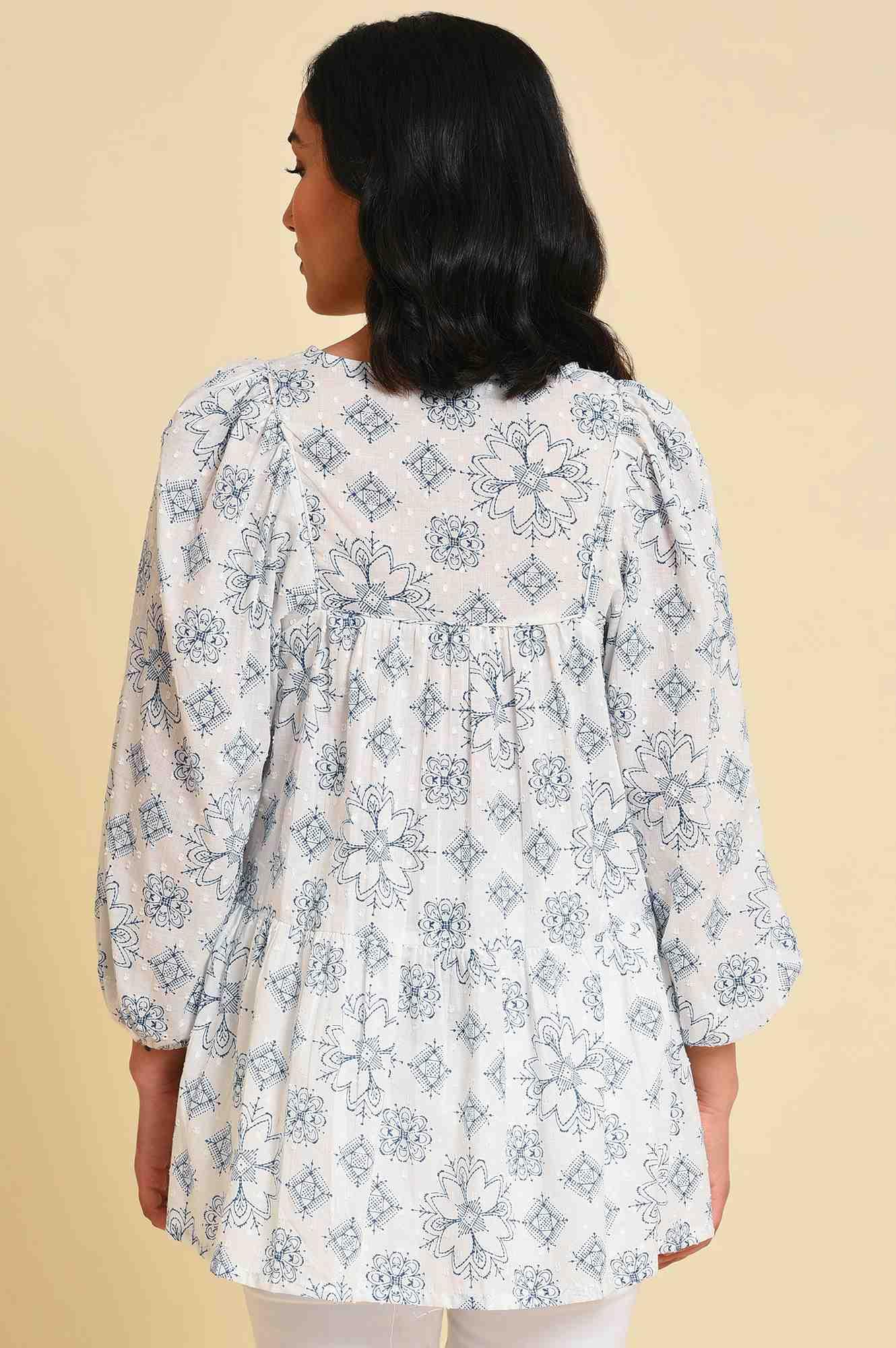 White Geometric Print Gathered Top - Image 2