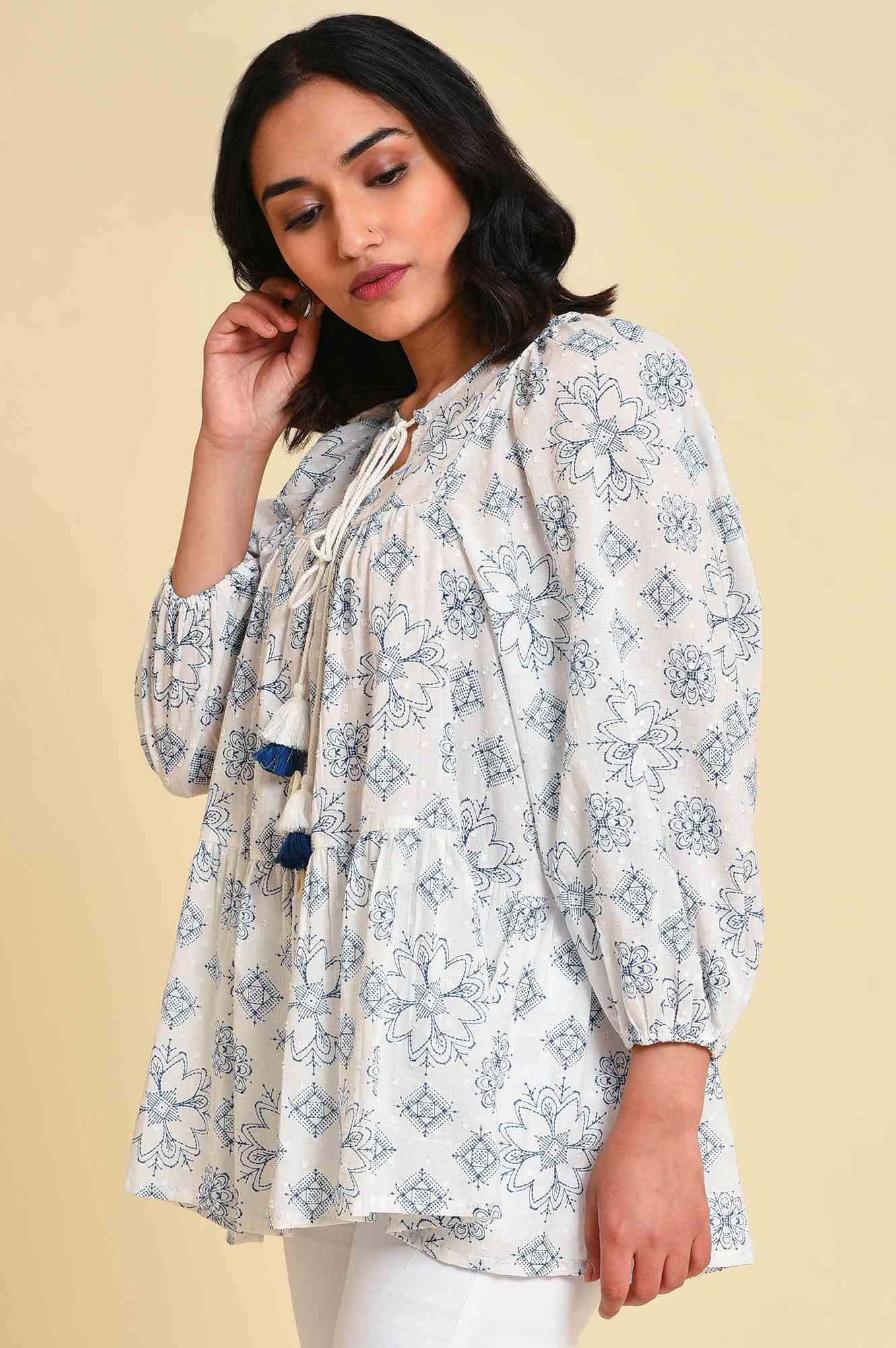 White Geometric Print Gathered Top - Image 3