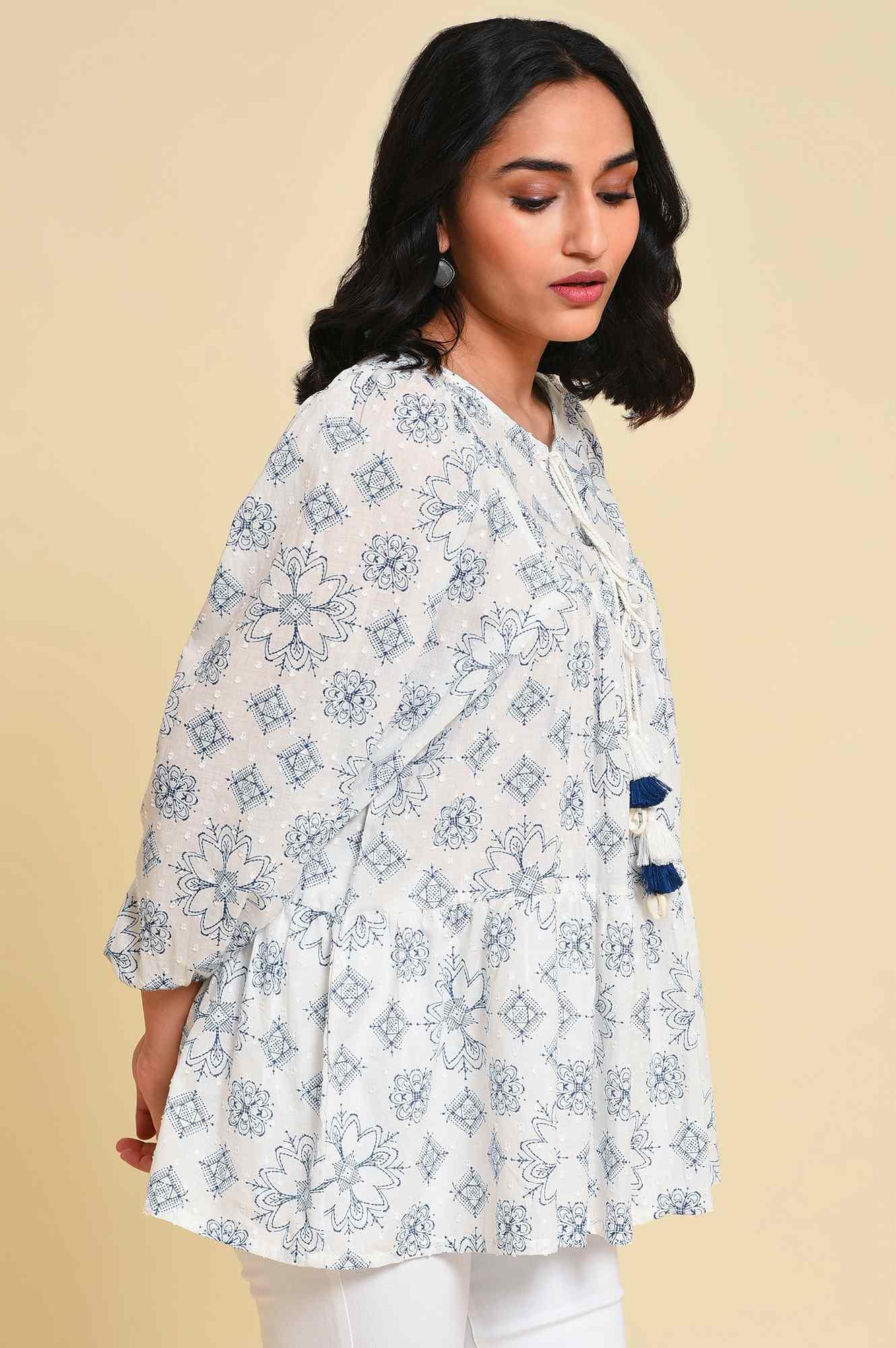 White Geometric Print Gathered Top - Image 4