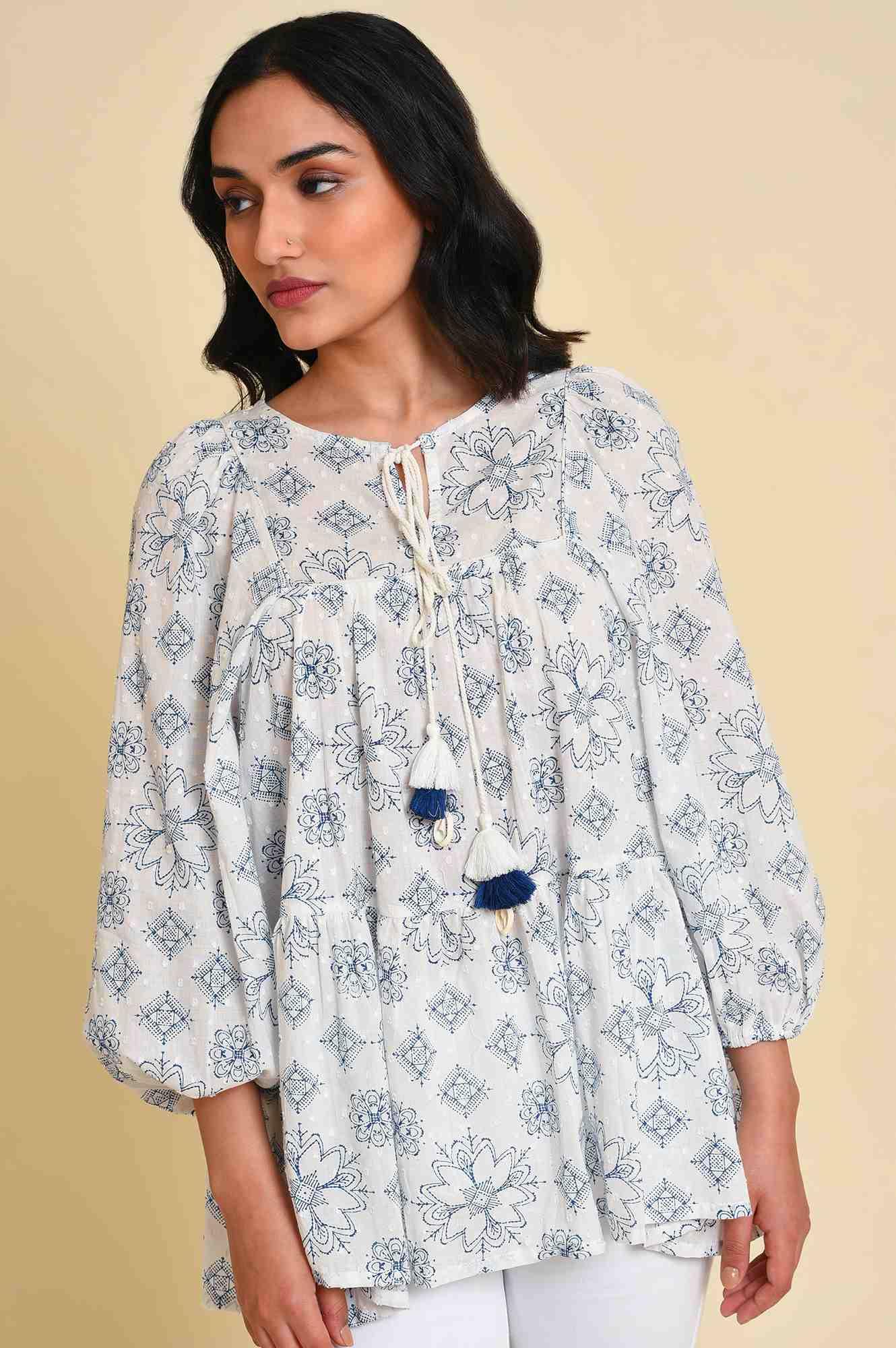 White Geometric Print Gathered Top - Image 6