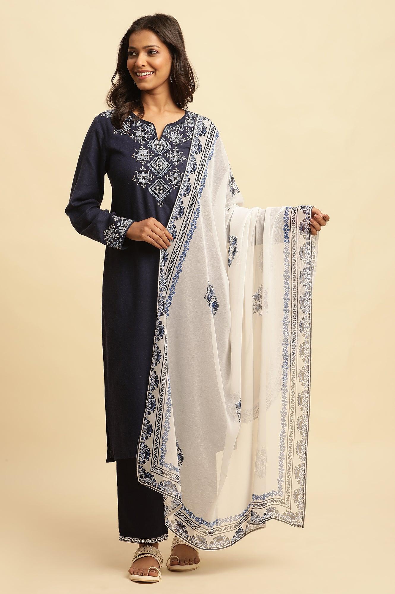 White Georgette Dupatta With Blue Floral Print - Image 3