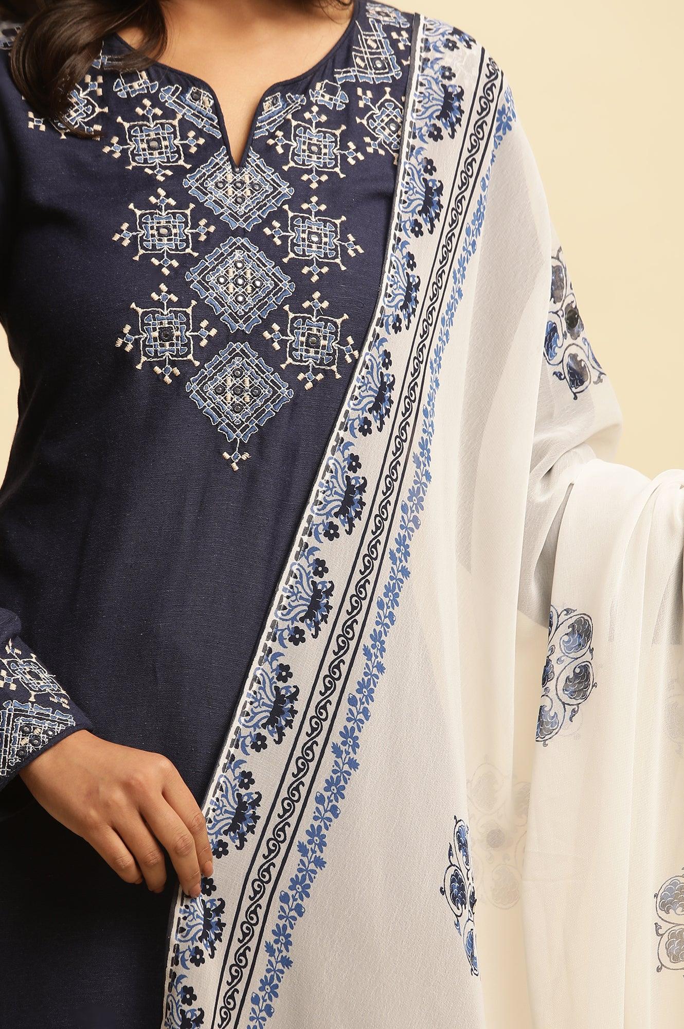 White Georgette Dupatta With Blue Floral Print - Image 4