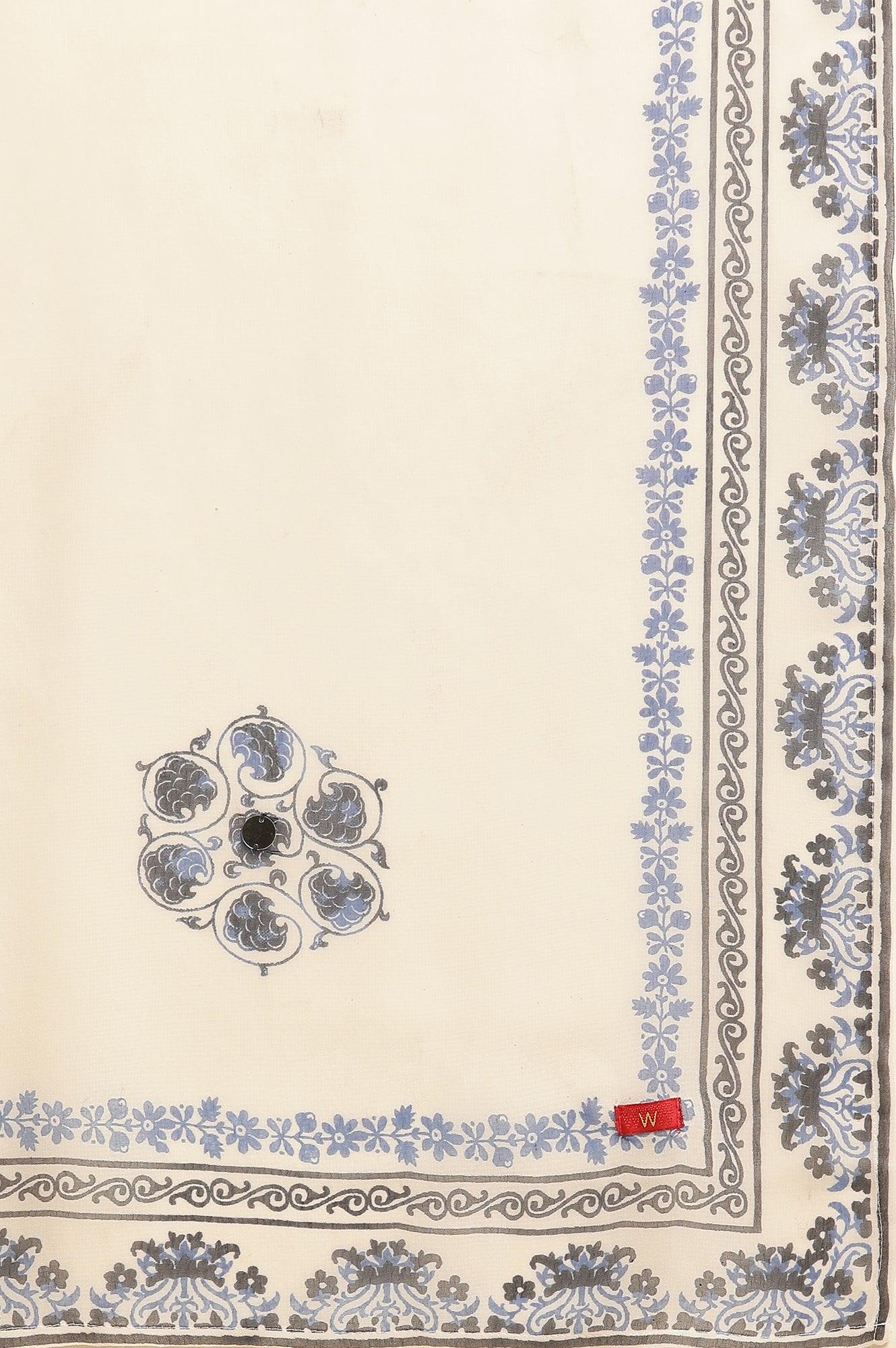 White Georgette Dupatta With Blue Floral Print - Image 5