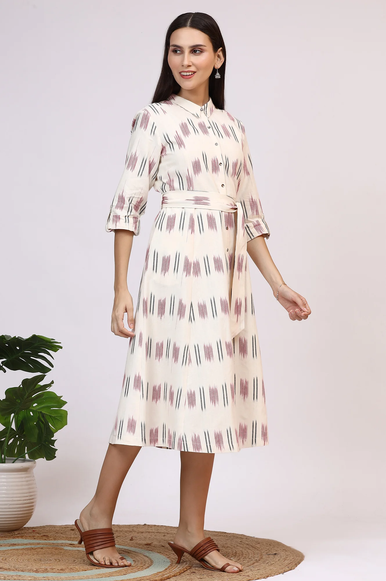 White Ikkat Pure Cotton A-line Shirt Dress with Belt - Image 7