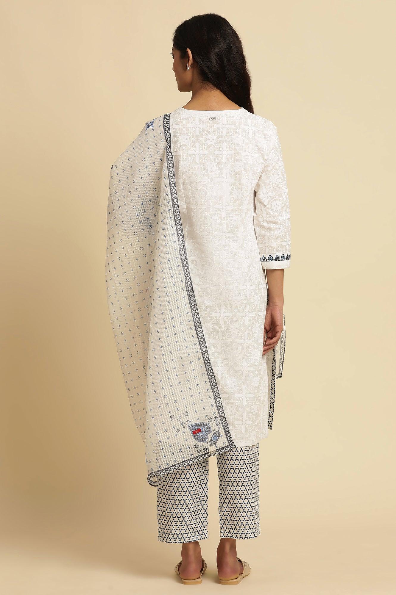 White Khadi Printed Cotton Kurta, Pants and Dupatta Set - Image 4