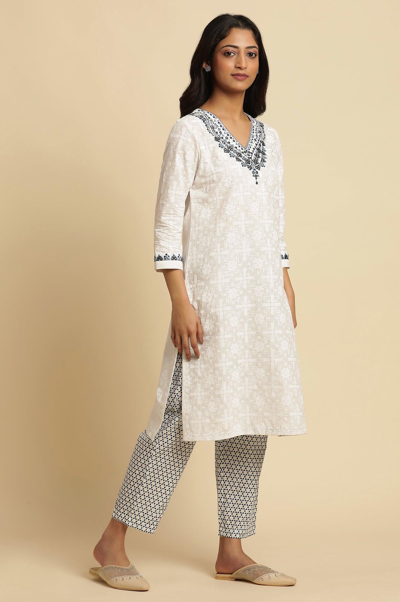 White Khadi Printed Cotton Kurta, Pants and Dupatta Set - Image 5
