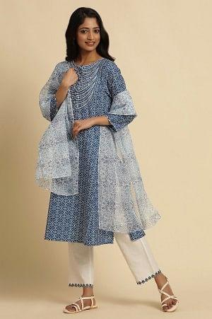 White Kota Dupatta with Blue Floral Print - Image 2