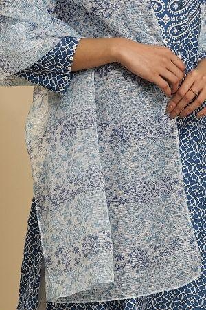 White Kota Dupatta with Blue Floral Print - Image 4