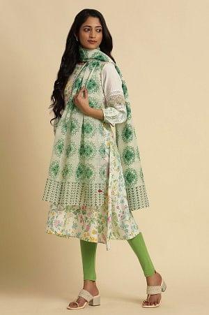 White Kota Dupatta With Green Print - Image 3
