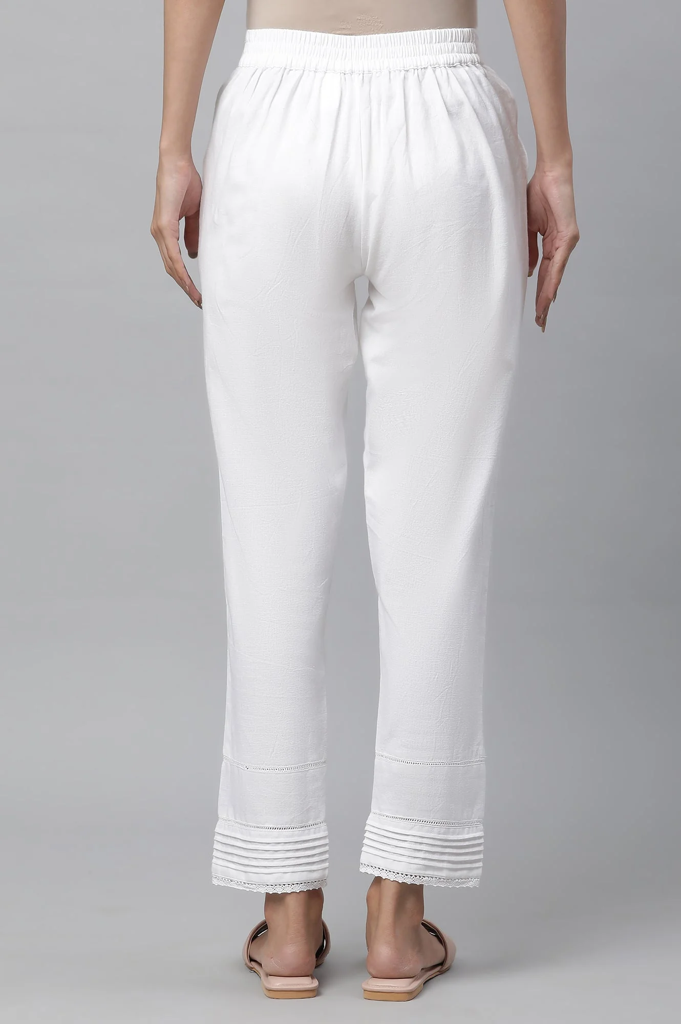 Elleven Women's White Solid Straight Fit Cotton Trousers With Lace Inserts - Image 3