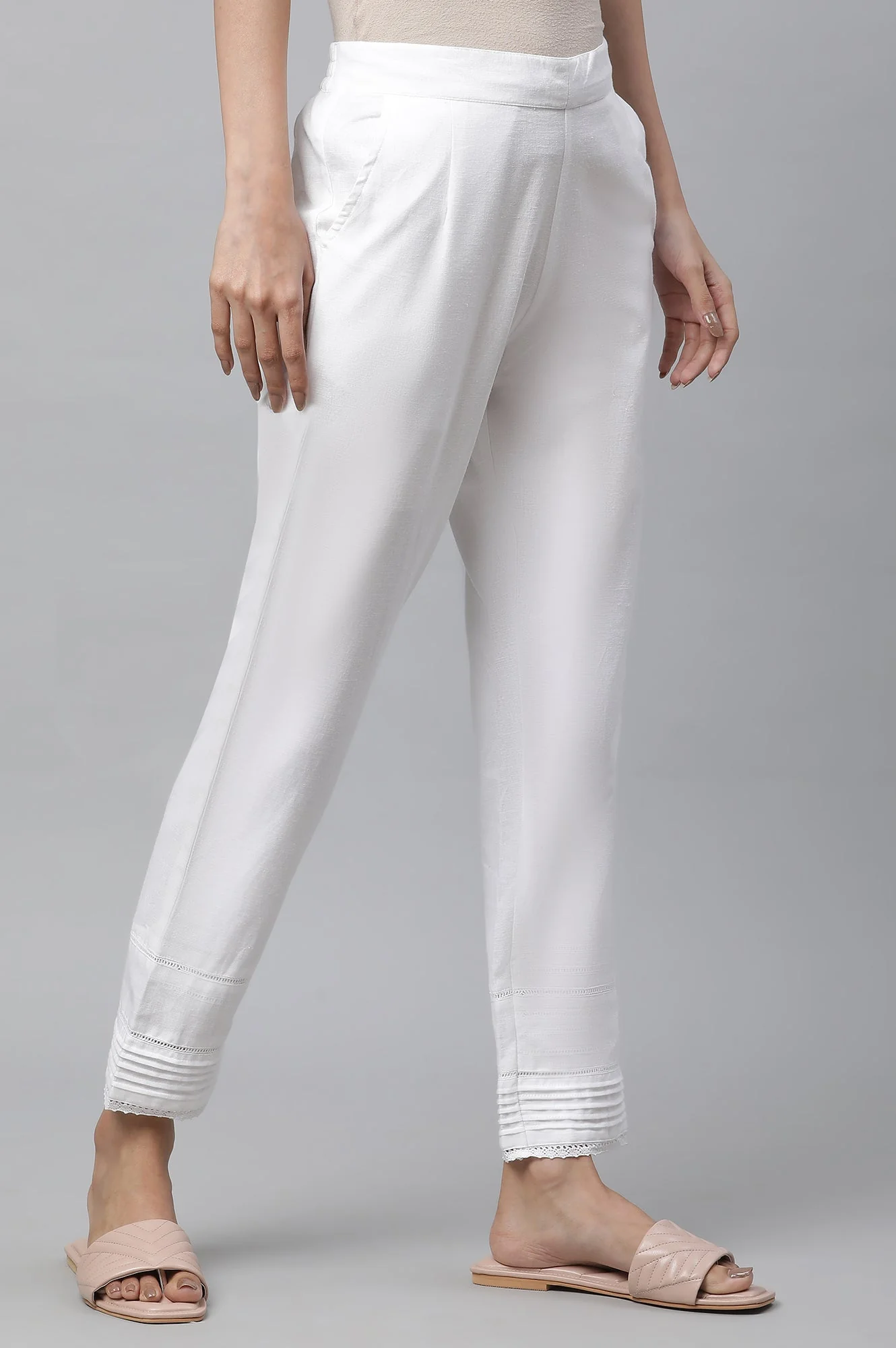 Elleven Women's White Solid Straight Fit Cotton Trousers With Lace Inserts - Image 4