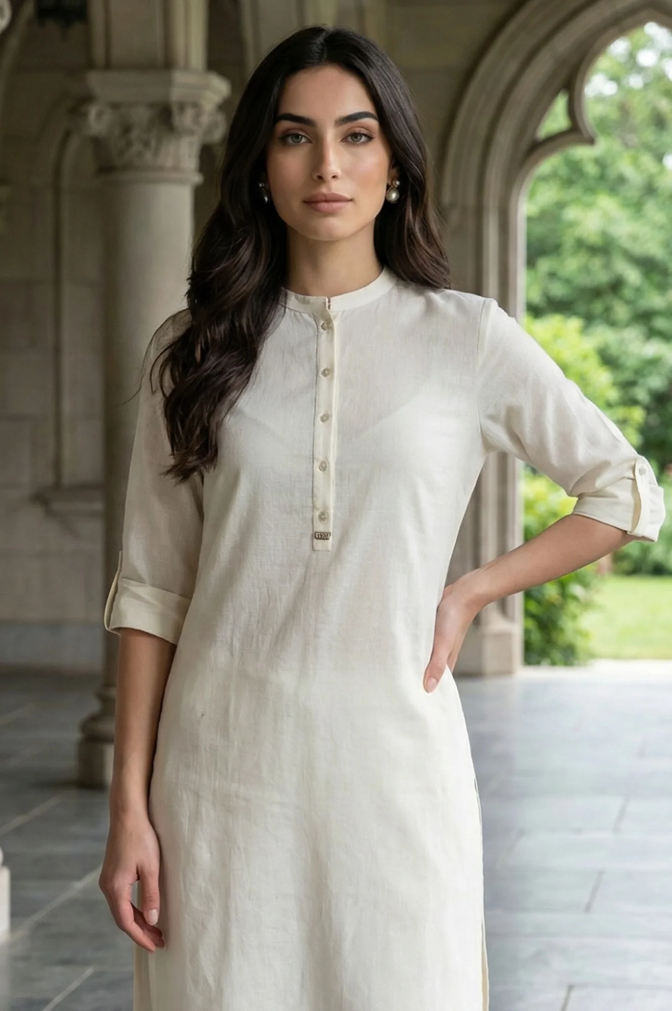 White Mandarin Collar Cotton Blend Straight Kurta With W Branding - Image 2