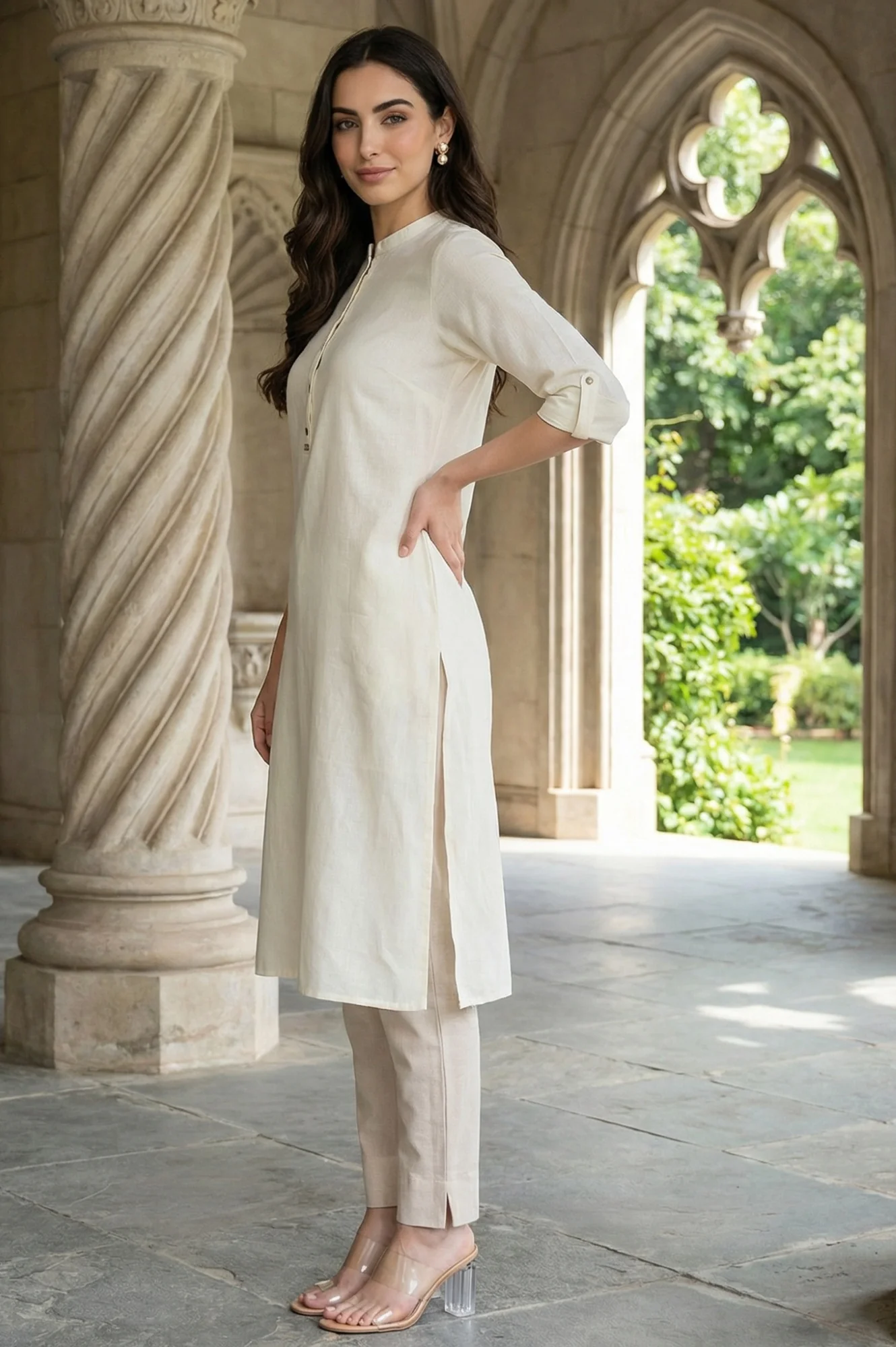 White Mandarin Collar Cotton Blend Straight Kurta With W Branding - Image 4
