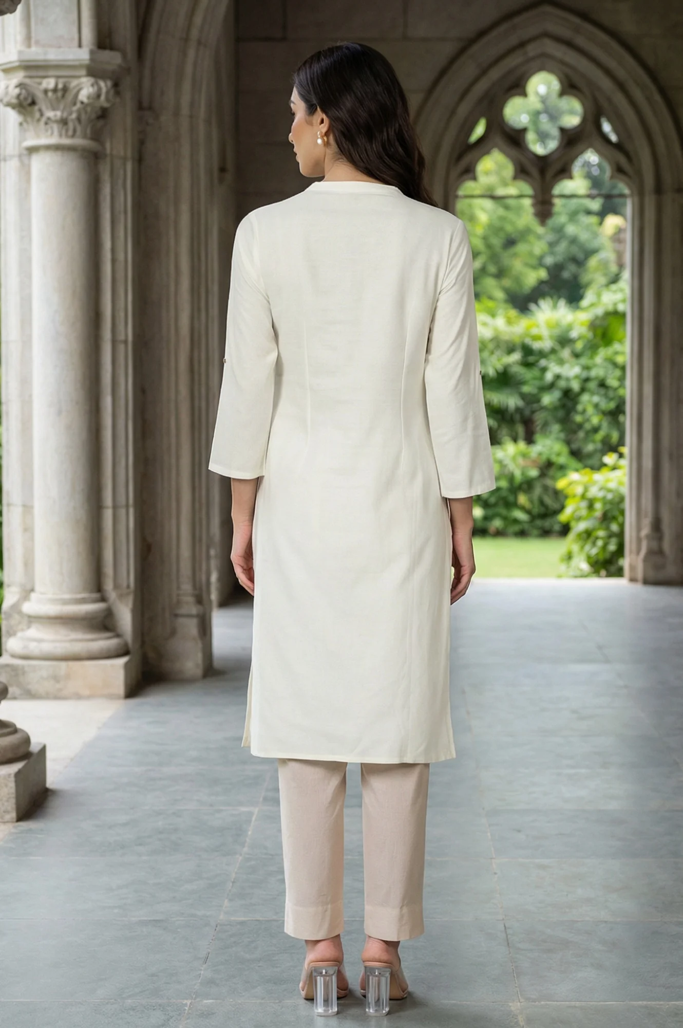 White Mandarin Collar Cotton Blend Straight Kurta With W Branding - Image 5